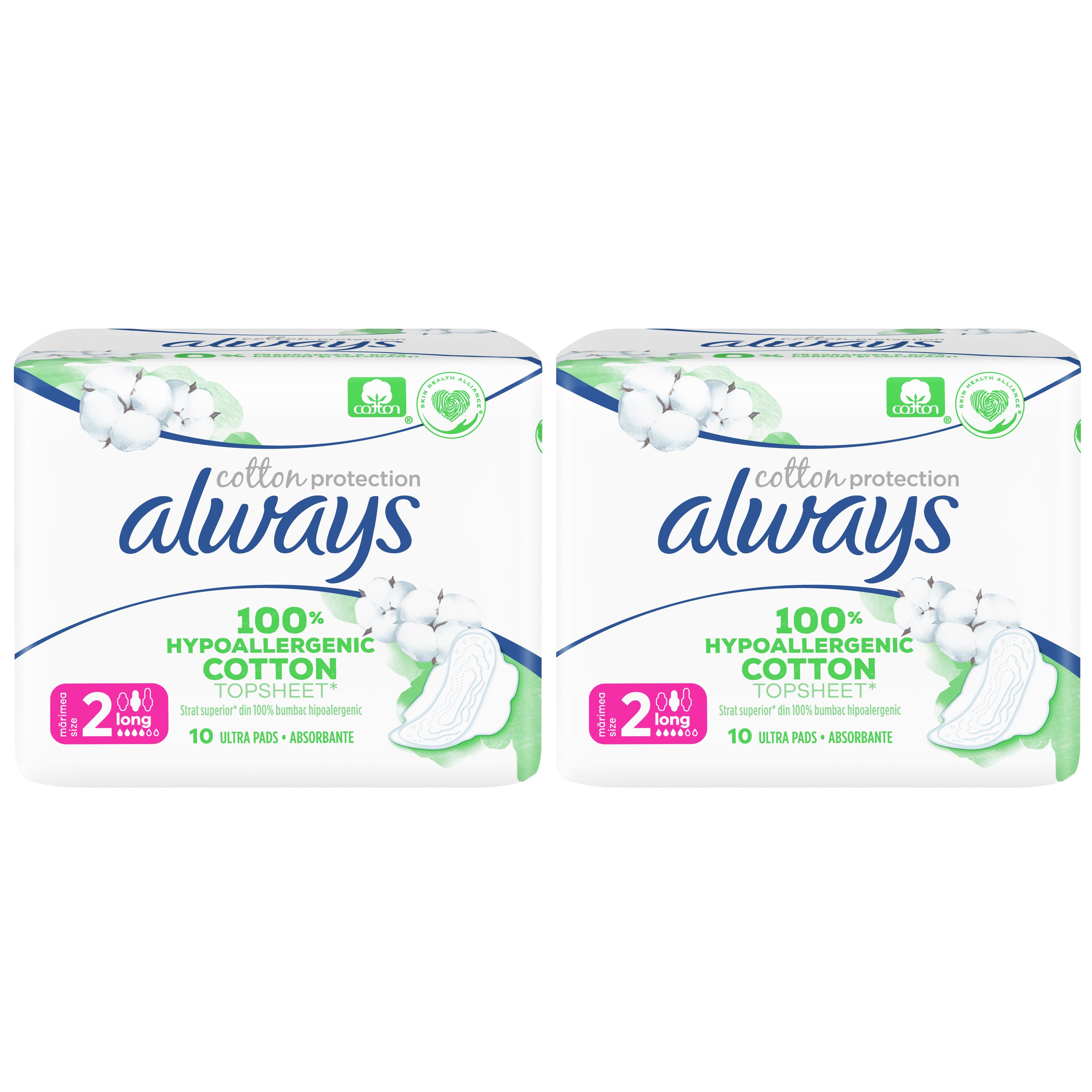 Always Πακέτο Προσφοράς Cotton Protection Long Σερβιέτες με Κάλυμμα από 100% Οργανικό Βαμβάκι, Μεγάλη Ροή 2×10 Pads 1+1 Δώρο
