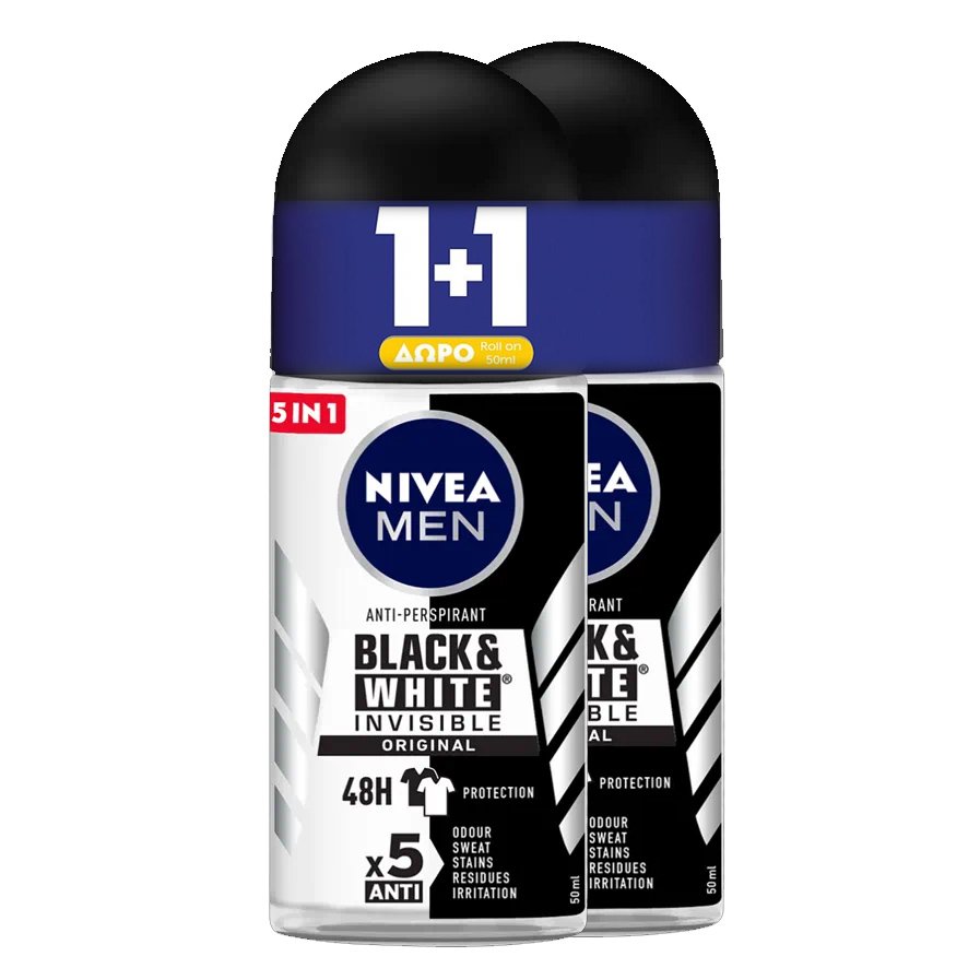 Nivea Men Deo Black + White Power Invisible Roll-On Ανδρικό Αποσμητικό Κατά των Λευκών Σημαδιών 2x50ml 1+1 Δώρο