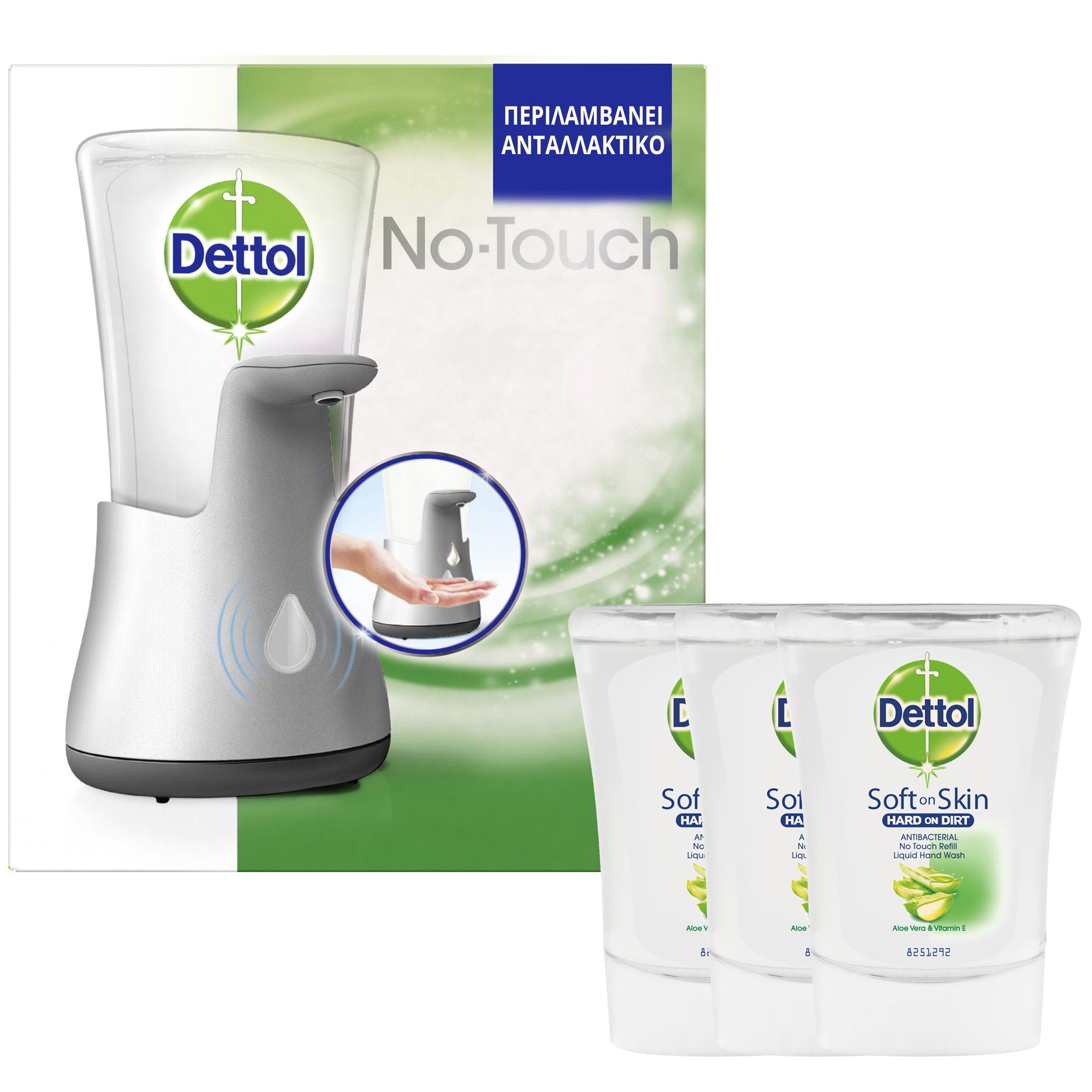 Dettol Πακέτο Προσφοράς No-Touch Αυτόματη Συσκευή για Κρεμοσάπουνο & No-Touch Refill Ανταλλακτικό Aloe Vera & Vitamin E 3x250ml