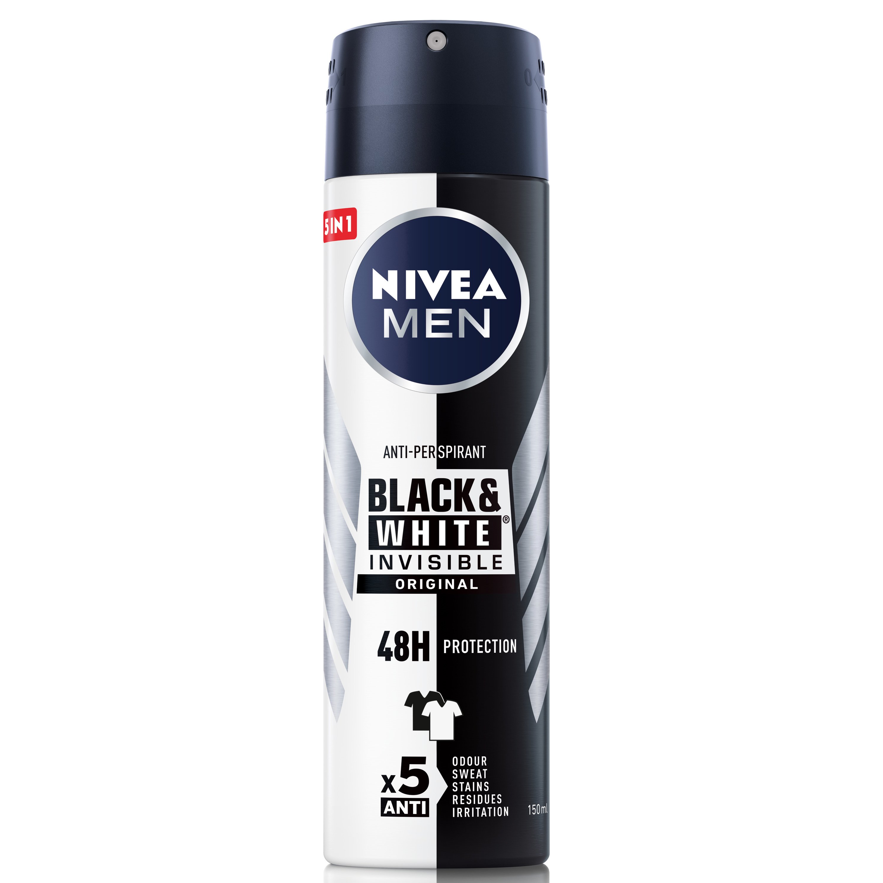 Nivea Men Invisible Black And White Original Anti-Perspirant Deodorant Spray Ανδρικό Αποσμητικό Spray 48ωρης Προστασίας, Κατά των Λευκών Σημαδιών 150ml