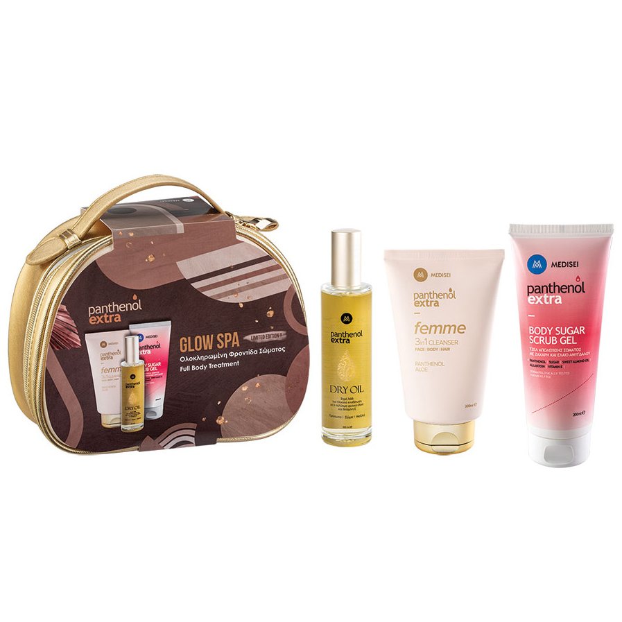 Medisei Panthenol Extra Glow Spa Femme Cleanser 200ml & Body Sugar Scrub Gel 200ml & Extra Dry Oill 100ml