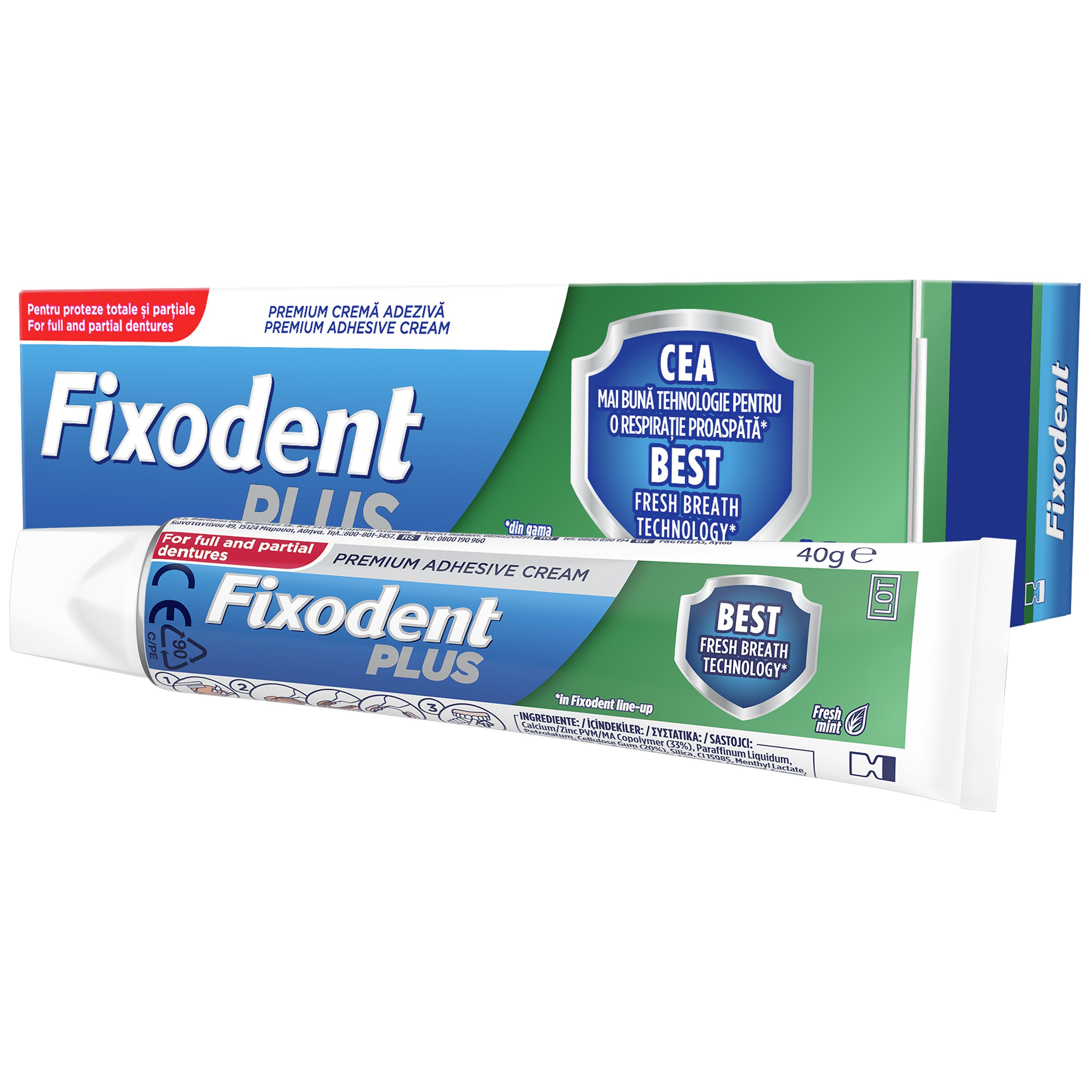 Fixodent Plus Best Fresh Breath Technology Στερεωτική Κρέμα για Τεχνητές Οδοντοστοιχίες, Κατά της Δυσάρεστης Αναπνοής 40gr