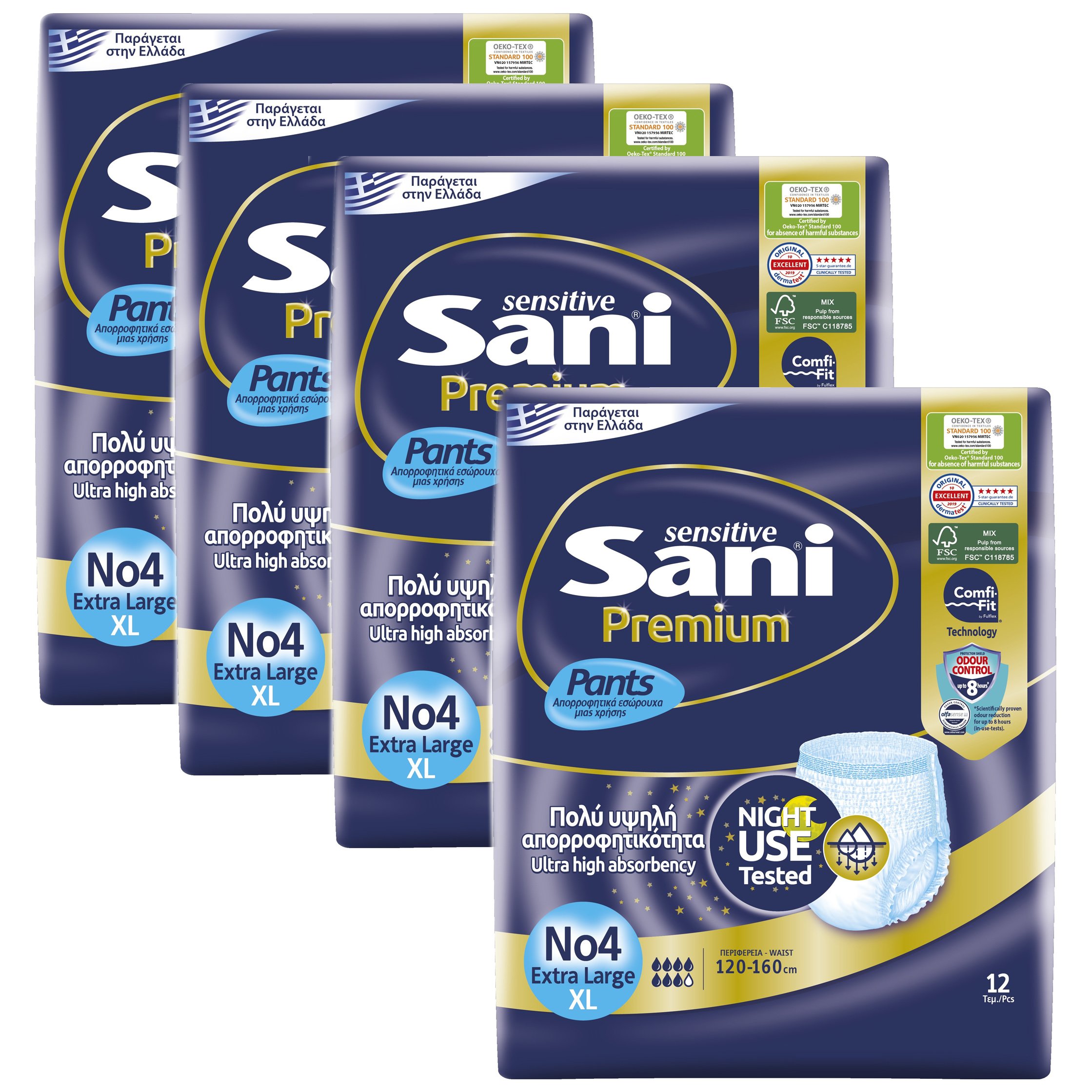 Sani Πακέτο Προσφοράς Sensitive Premium Pants Ελαστικά, Απορροφητικά Εσώρουχα Ακράτειας μιας Χρήσης 4×12 Τεμάχια – No4 Extra Large