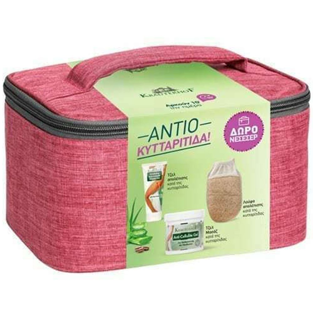 Krauterhof Πακέτο Προσφοράς Exfoliating Anti-Cellulite Shower Gel with Aloe Vera 200ml, Anti-Cellulite Body Gel 250ml, Λούφα Απολέπισης Κατά της Κυτταρίτιδας & Δώρο Νεσεσέρ