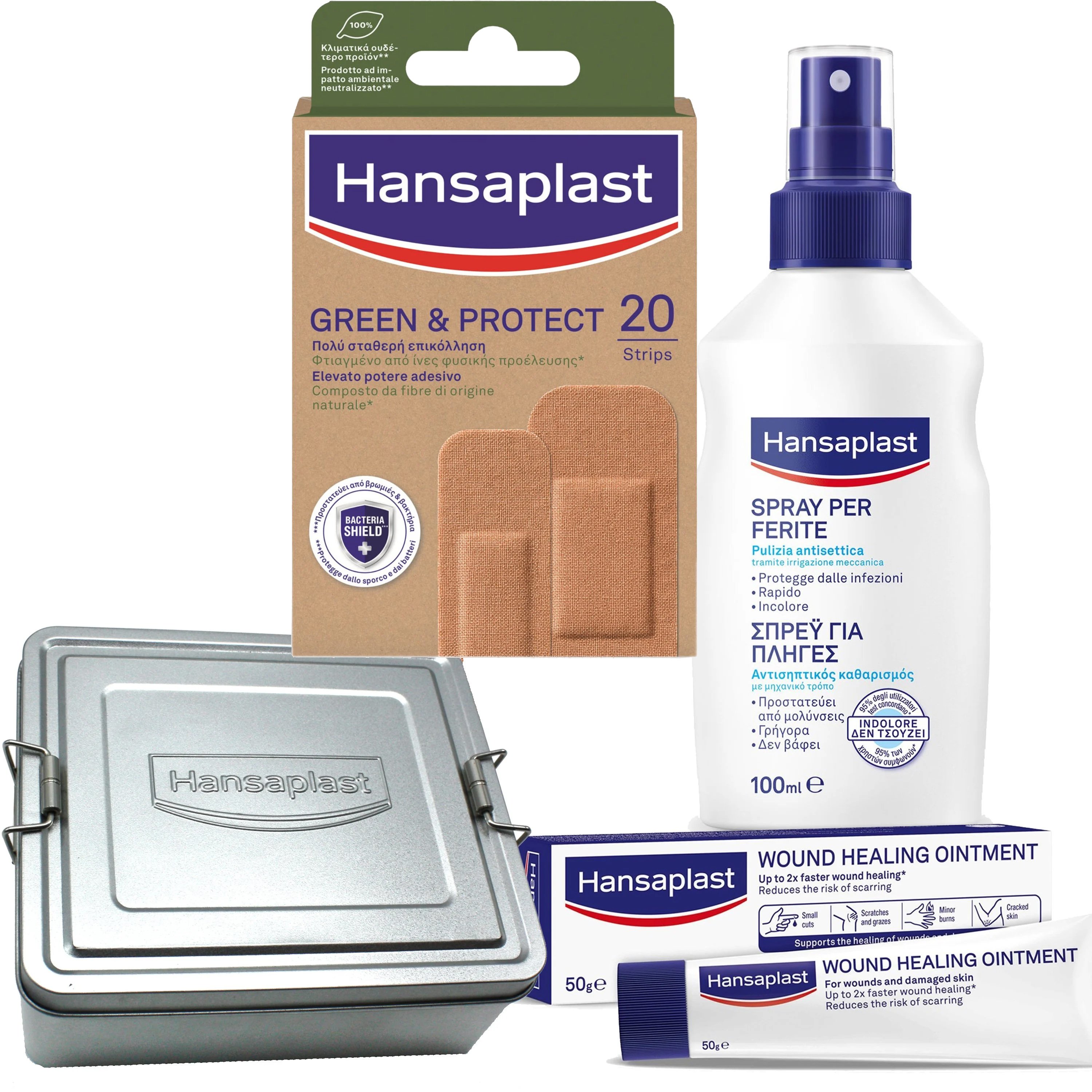 Hansaplast Πακέτο Προσφοράς Green & Protect Eco Friendly Plaster 20 Strips, Spray για Πληγές 100ml, Κρέμα Επούλωσης Πληγών 50g & Δώρο Box