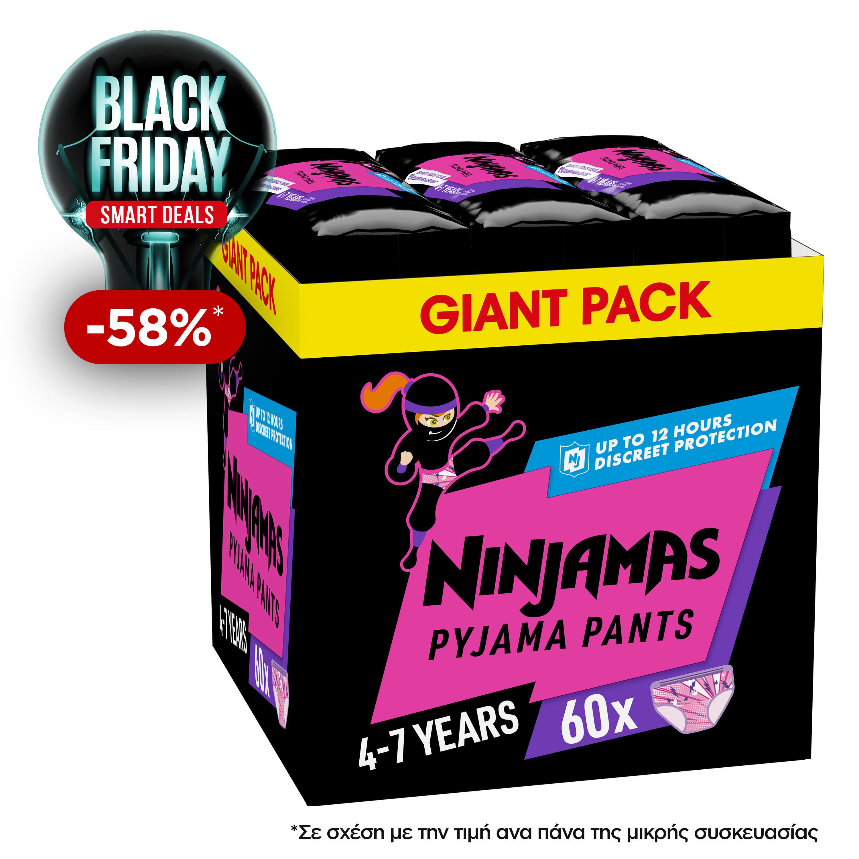 Ninjamas Pyjama Pants Girl 4-7 Years (17-30kg) Monthly Pack Πάνες Βρακάκι Νυκτός για Κορίτσια από 4-7 Ετών 60 Τεμάχια