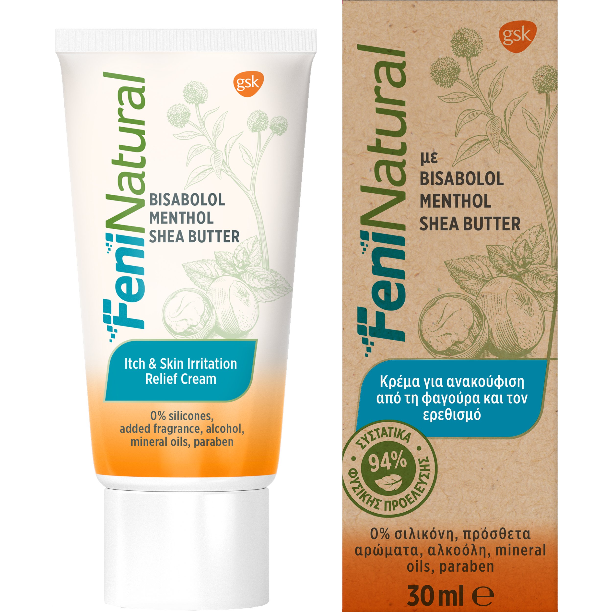 Glaxosmithkline FeniNatural Itch & Skin Irritation Relief Cream Κρέμα για Ανακούφιση από τη Φαγούρα & Ερεθισμό, με 94% Συστατικά Φυσικής Προέλευσης 30ml