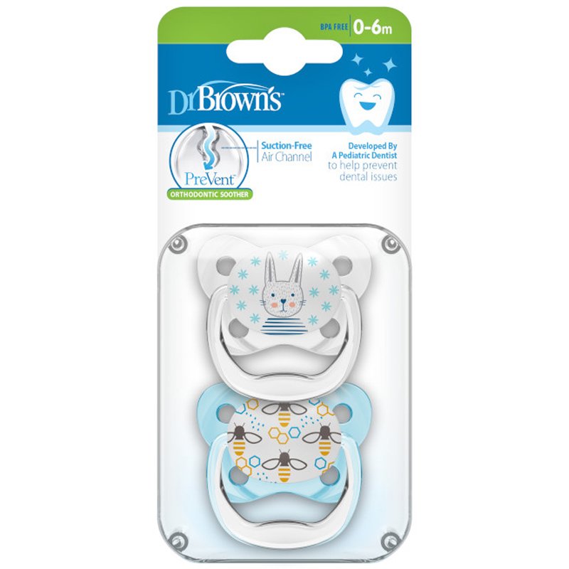 Dr. Brown’s PreVent PV12402 Orthodontic Soother Ορθοδοντική Πιπίλα Πεταλούδα Σιλικόνης 0-6m Λευκό – Γαλάζιο 2 Τεμάχια