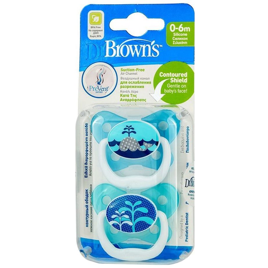 Dr. Brown’s PreVent PV12402 Orthodontic Soother Ορθοδοντική Πιπίλα Πεταλούδα Σιλικόνης 0-6m Λευκό – Γαλάζιο 2 Τεμάχια