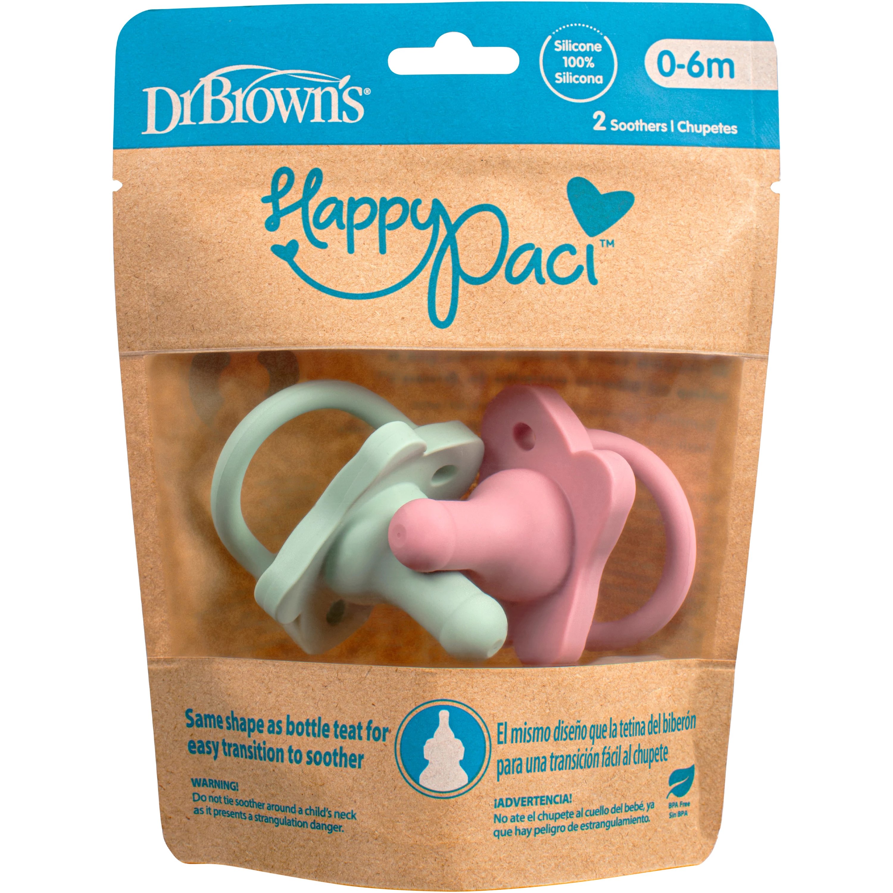 Dr.Brown's Happy Paci Silicone Soother 0-6m Πιπίλα Όλο Σιλικόνη που Έχουν Ίδιο Σχήμα με τη Θηλή του Μπιμπερό 2 Τεμάχια - Πράσινο / Ροζ