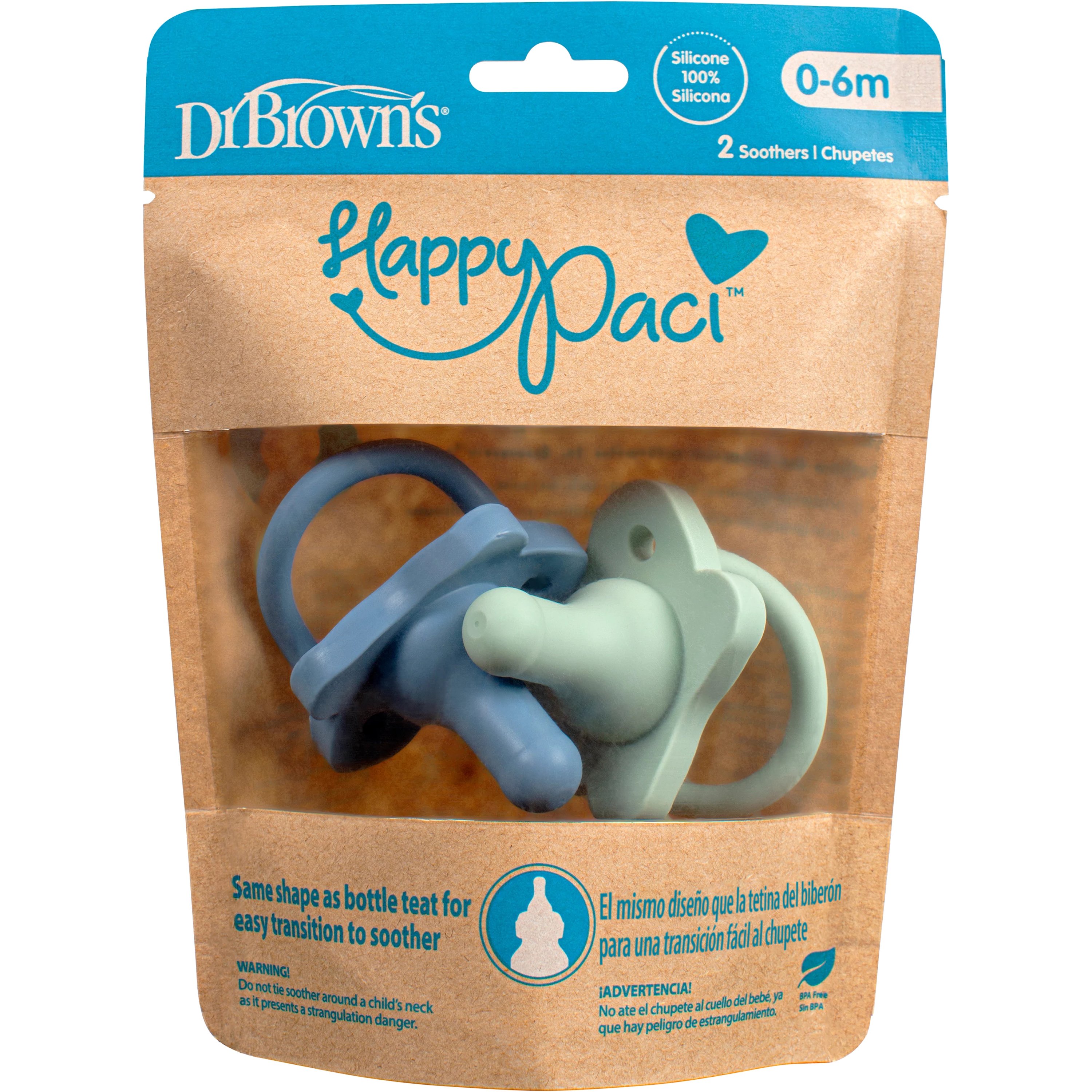 Dr.Brown's Happy Paci Silicone Soother 0-6m Πιπίλα Όλο Σιλικόνη που Έχουν Ίδιο Σχήμα με τη Θηλή του Μπιμπερό 2 Τεμάχια - Πράσινο / Μπλε