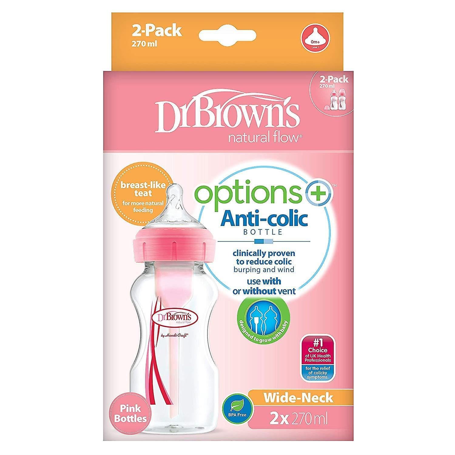 Dr. Brown’s Natural Flow Options Anti-Colic Πλαστικό Μπιμπερό με Φαρδύ Λαιμό & Θηλή Σιλικόνης Ροζ Χρώμα 2x270ml WB 92601