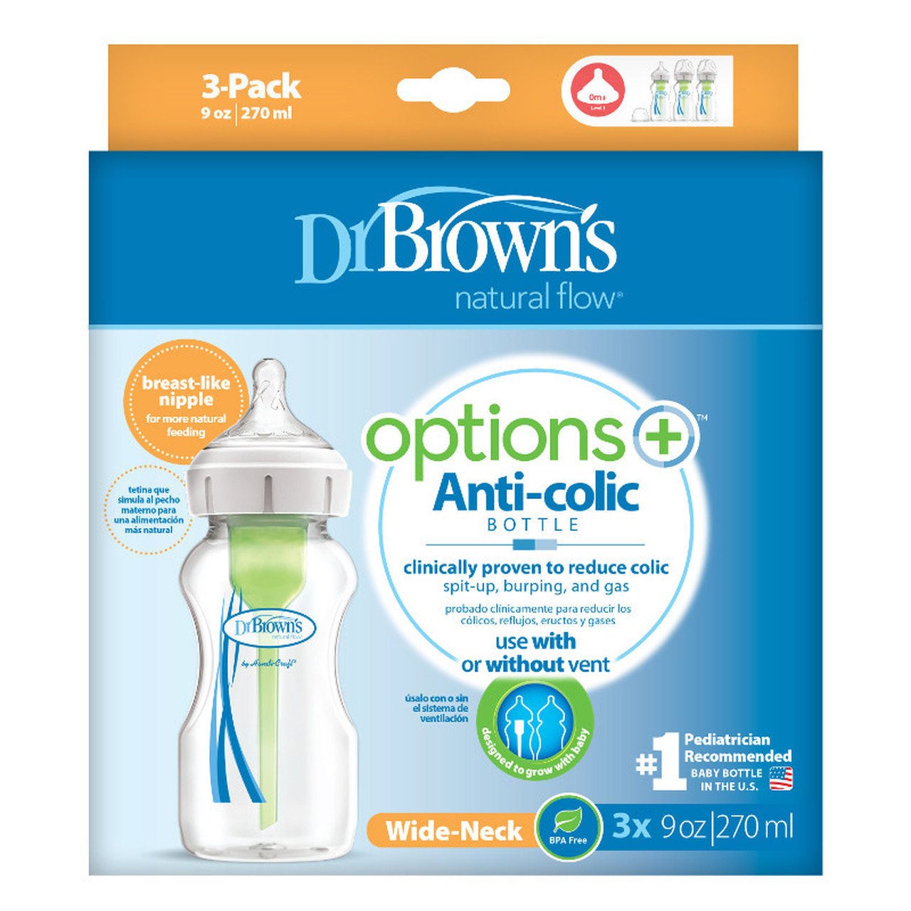 Dr. Brown’s Natural Flow Options Anti-Colic Πλαστικό Μπιμπερό με Φαρδύ Λαιμό & Θηλή Σιλικόνης Μπλε Χρώμα 3x270ml WB 93600