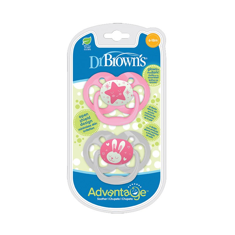 Dr.Brown’s Advantage 6-18m Πιπίλα Σιλικόνης Νυχτός Ροζ PA22003, 2 Τεμάχια