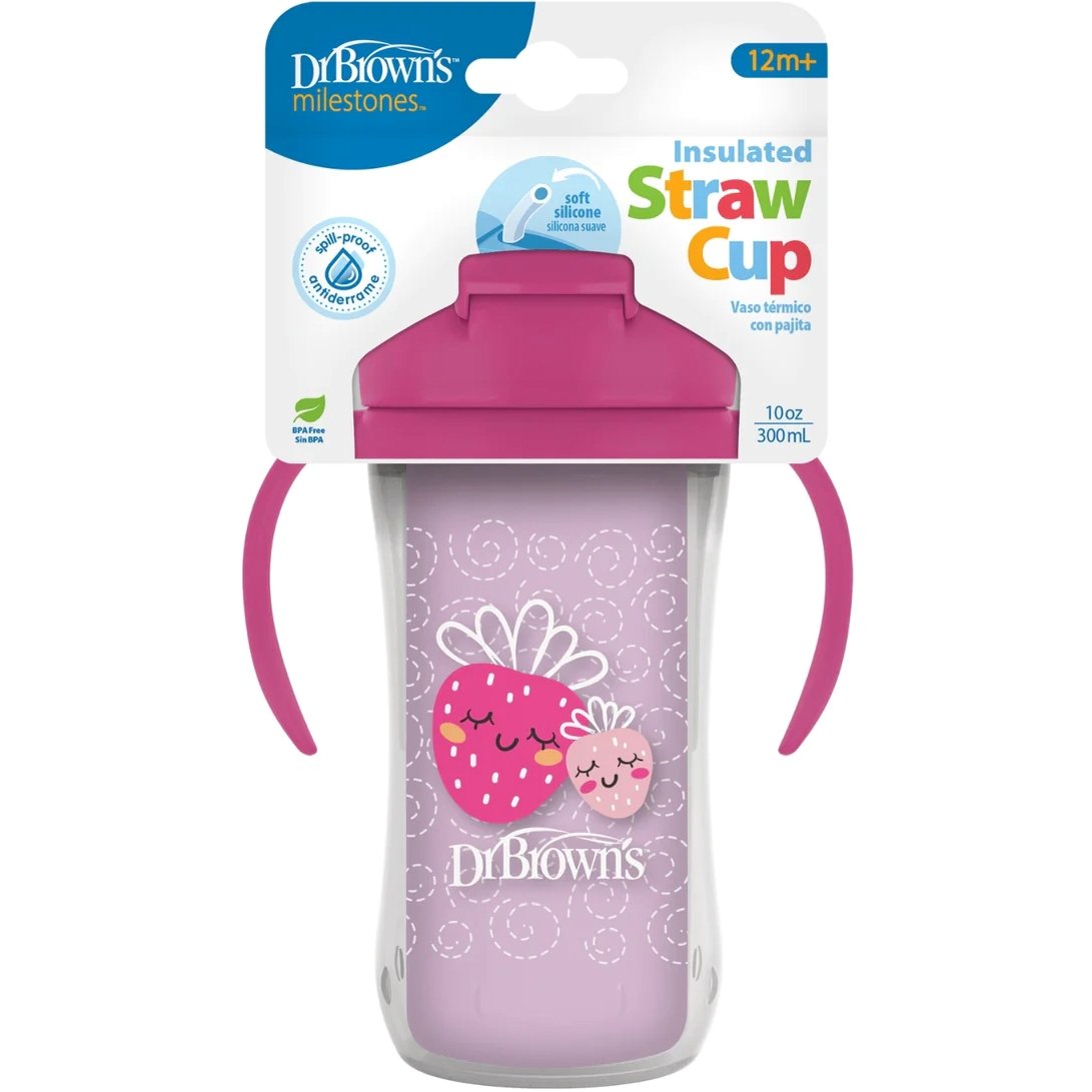 Dr Brown's Insulated Straw Cup Κύπελλο Θερμός με Μαλακό Καλαμάκι & Λαβές 12m+, 300ml, Κωδ TC01201 - Ροζ