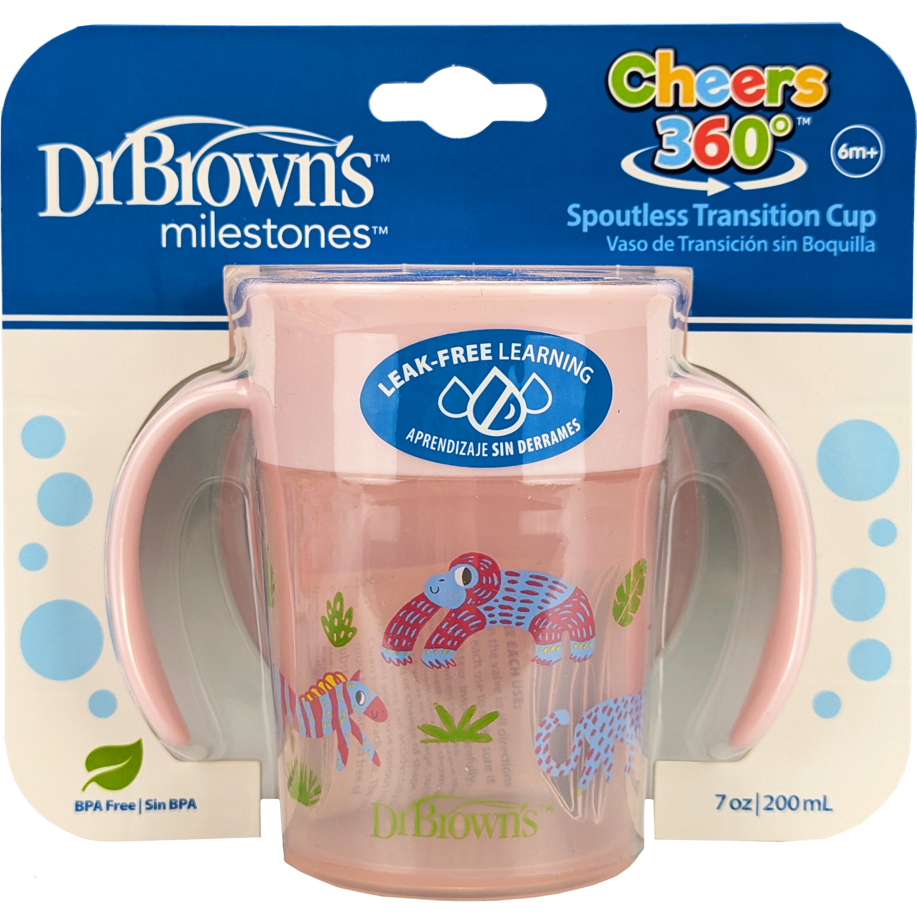 Dr.Brown Dr Brown's Milestones Cheers 360 Spoutless Transition Cup Κύπελλο Εκπαίδευσης με Λαβές & Σύστημα Κατά των Διαρροών 6m+, 200ml, Κωδ TC71006 - Ροζ