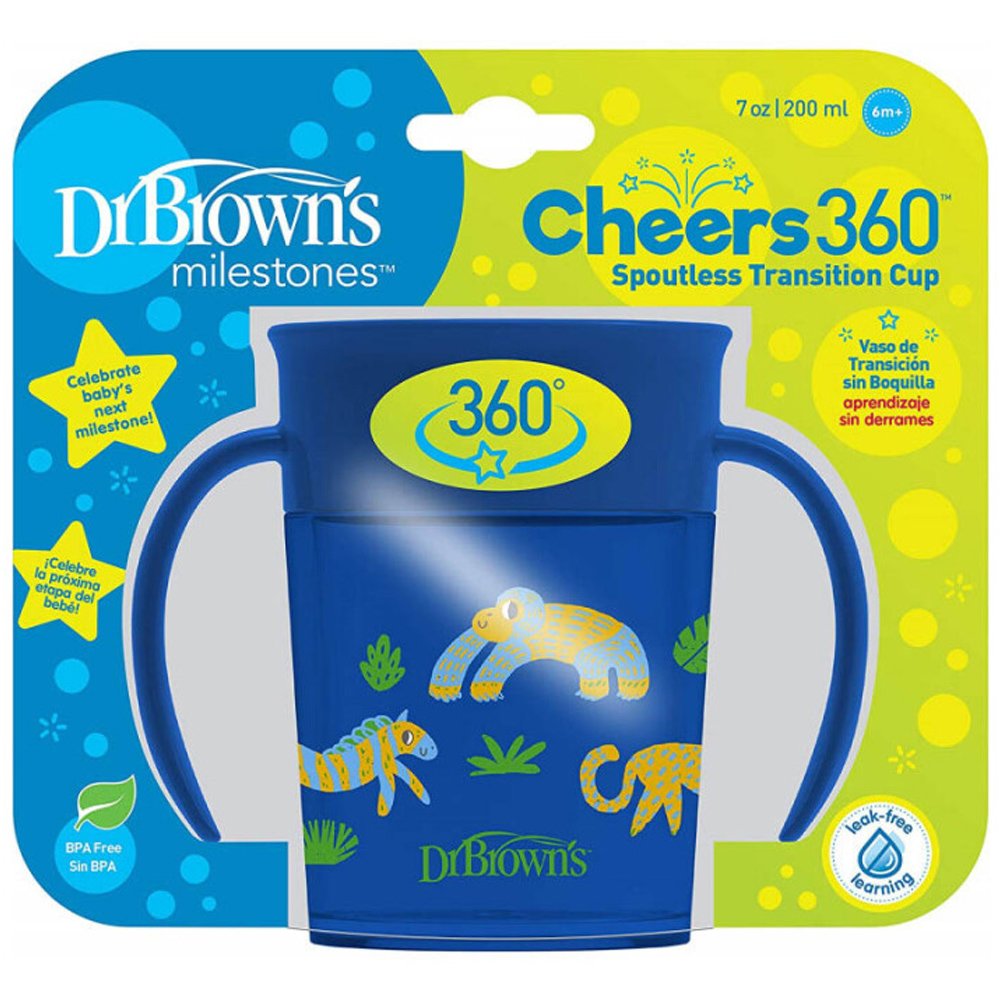 Dr.Brown Dr Brown's Milestones Cheers 360 Spoutless Transition Cup Κύπελλο Εκπαίδευσης με Λαβές & Σύστημα Κατά των Διαρροών 6m+, 200ml, Κωδ TC71006 - Μπλε