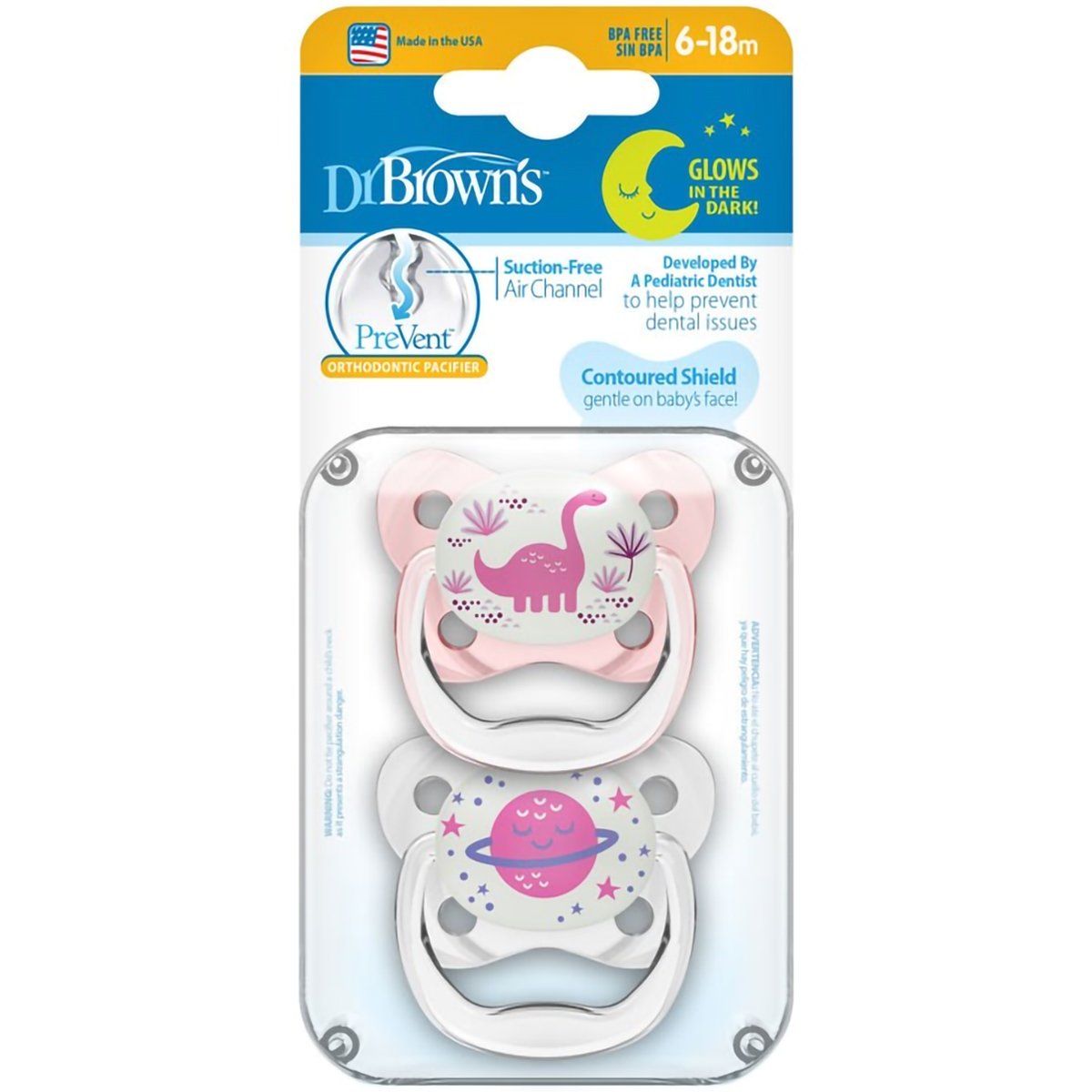 Dr. Brown’s PreVent Glow in the Dark Orthodontic Silicone Soother 6-18m Ορθοδοντική Πιπίλα Σιλικόνης που Λάμπει στο Σκοτάδι 2 Τεμάχια – Ροζ / Διάφανο