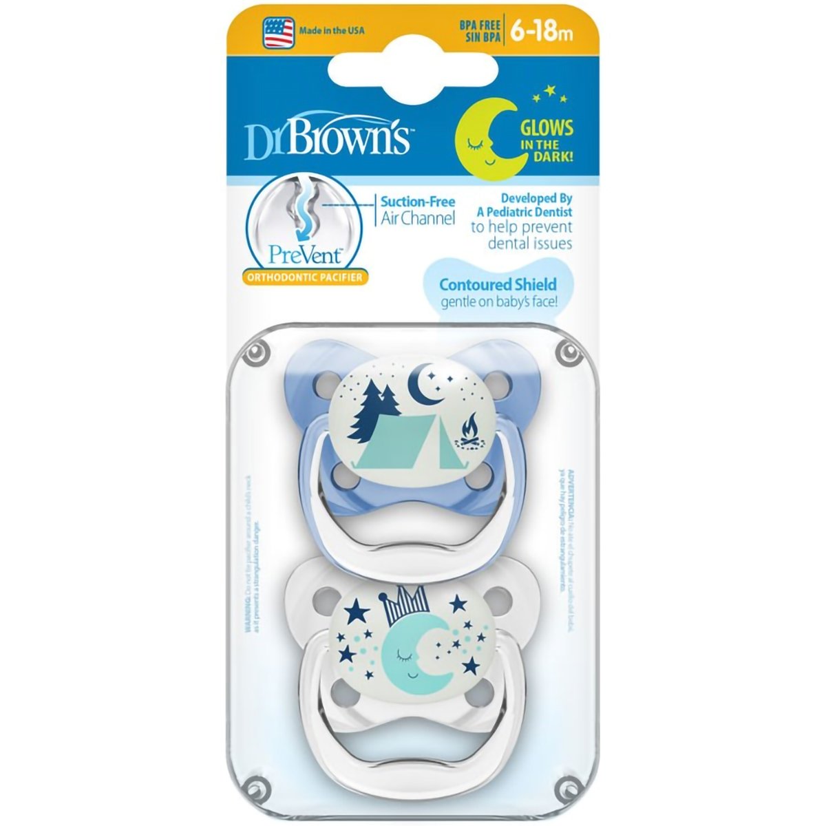 Dr. Brown’s PreVent Glow in the Dark Orthodontic Silicone Soother Ορθοδοντική Πιπίλα Σιλικόνης που Λάμπει στο Σκοτάδι 2 Τεμάχια – Μπλε / Διάφανο