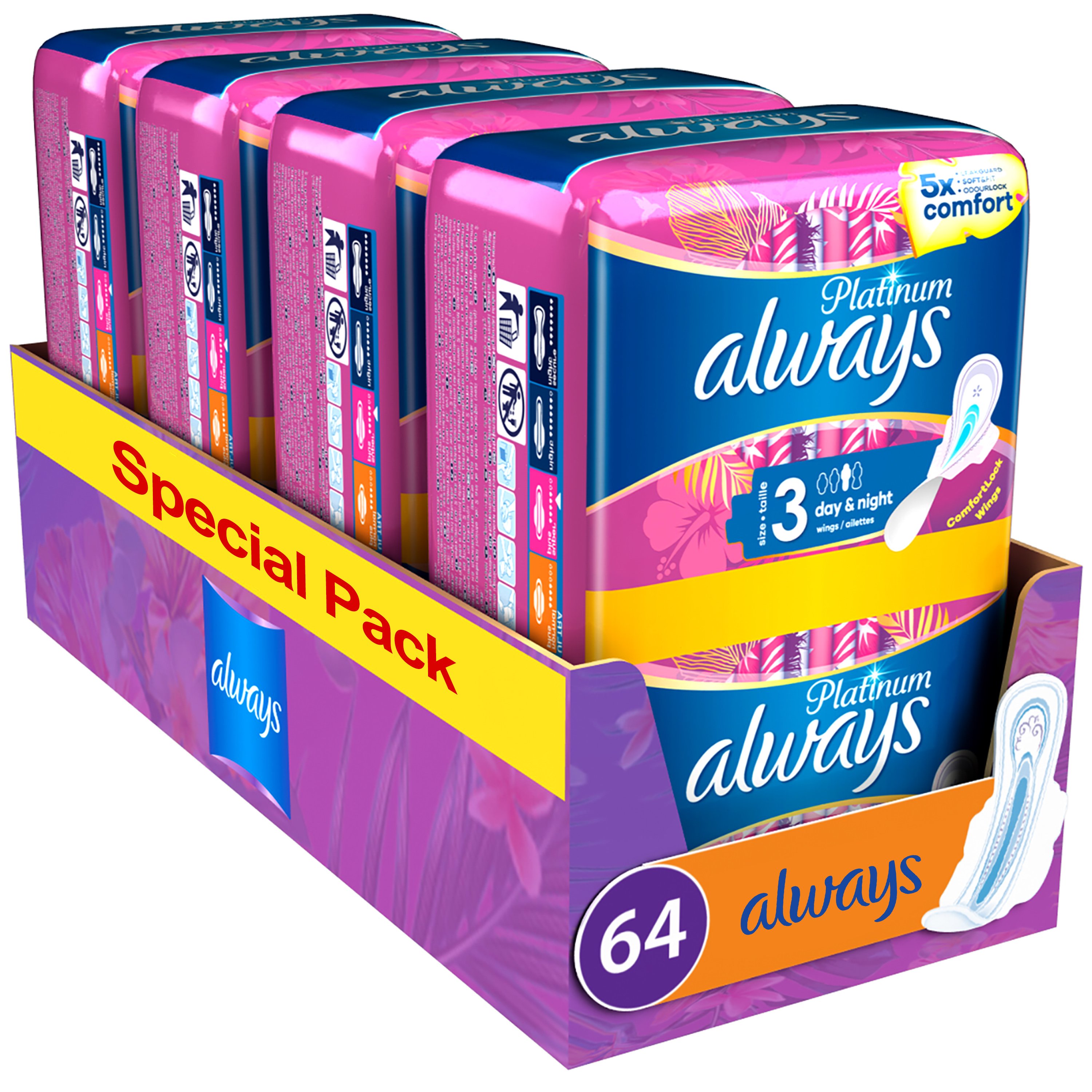 Always Promo Multi-Pack Platinum Day & Night Sanitary Towels with Wings Σερβιέτες με Φτερά για Πενταπλάσια Άνεση & Προστασία Μέρα & Νύχτα Size 3, 64 Τεμάχια