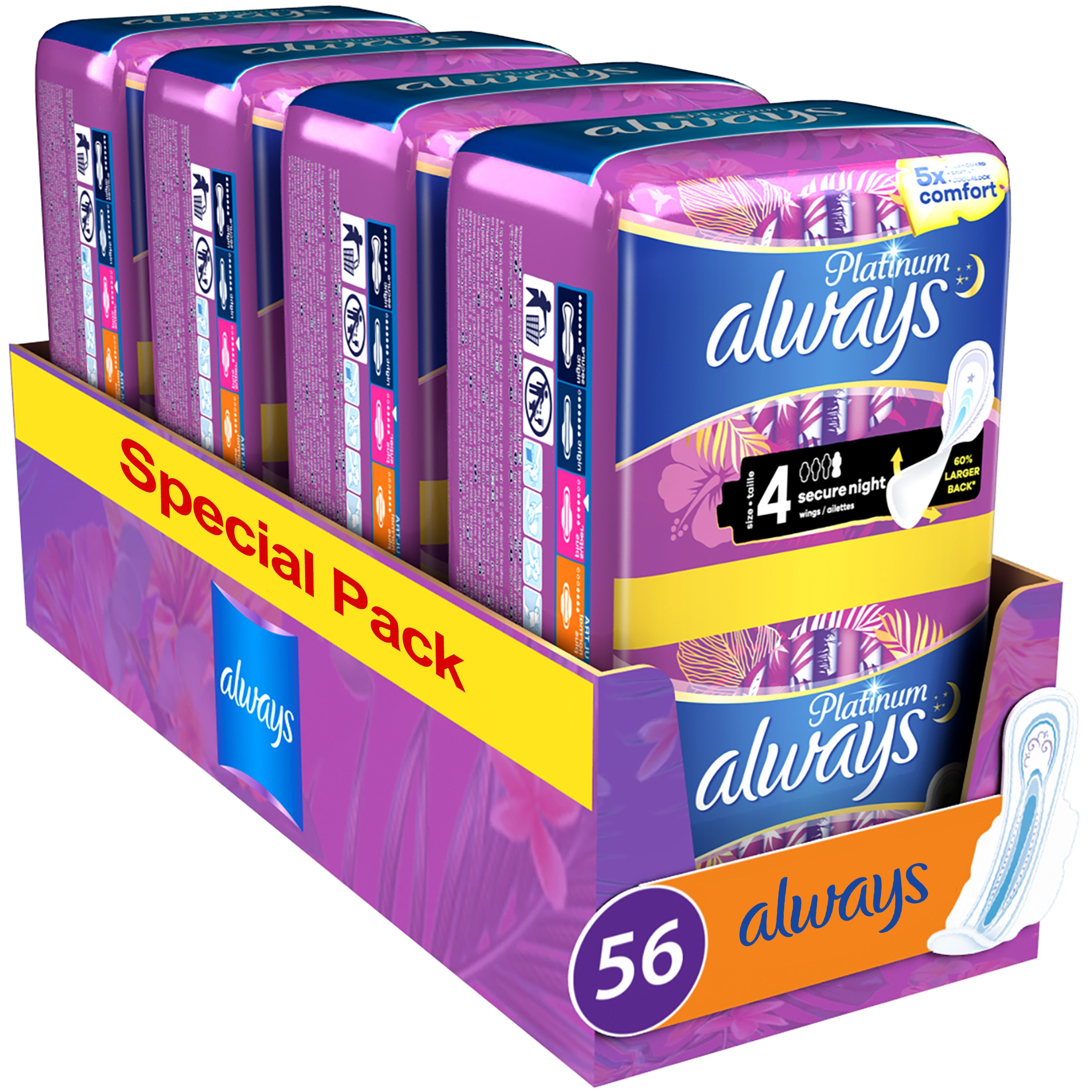 Always Promo Multi-Pack Platinum Secure Night Sanitary Towels with Wings Σερβιέτες με Φτερά για Πενταπλάσια Άνεση & Προστασία τη Νύχτα Size 4, 56 Τεμάχια