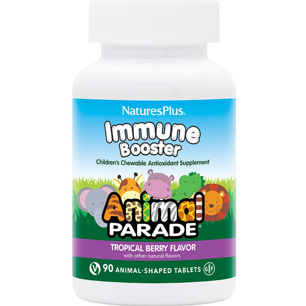 Natures Plus Animal Parade Kids Immune Booster Συμπλήρωμα Διατροφής για Παιδιά Βιταμινών, Εκχυλίσματος Βοτάνων & Προβιοτικών για Ενίσχυση του Ανοσοποιητικού & Αντιοξειδωτική Προστασία με Γεύση Τροπικά Φρούτα 90 Chew.tabs