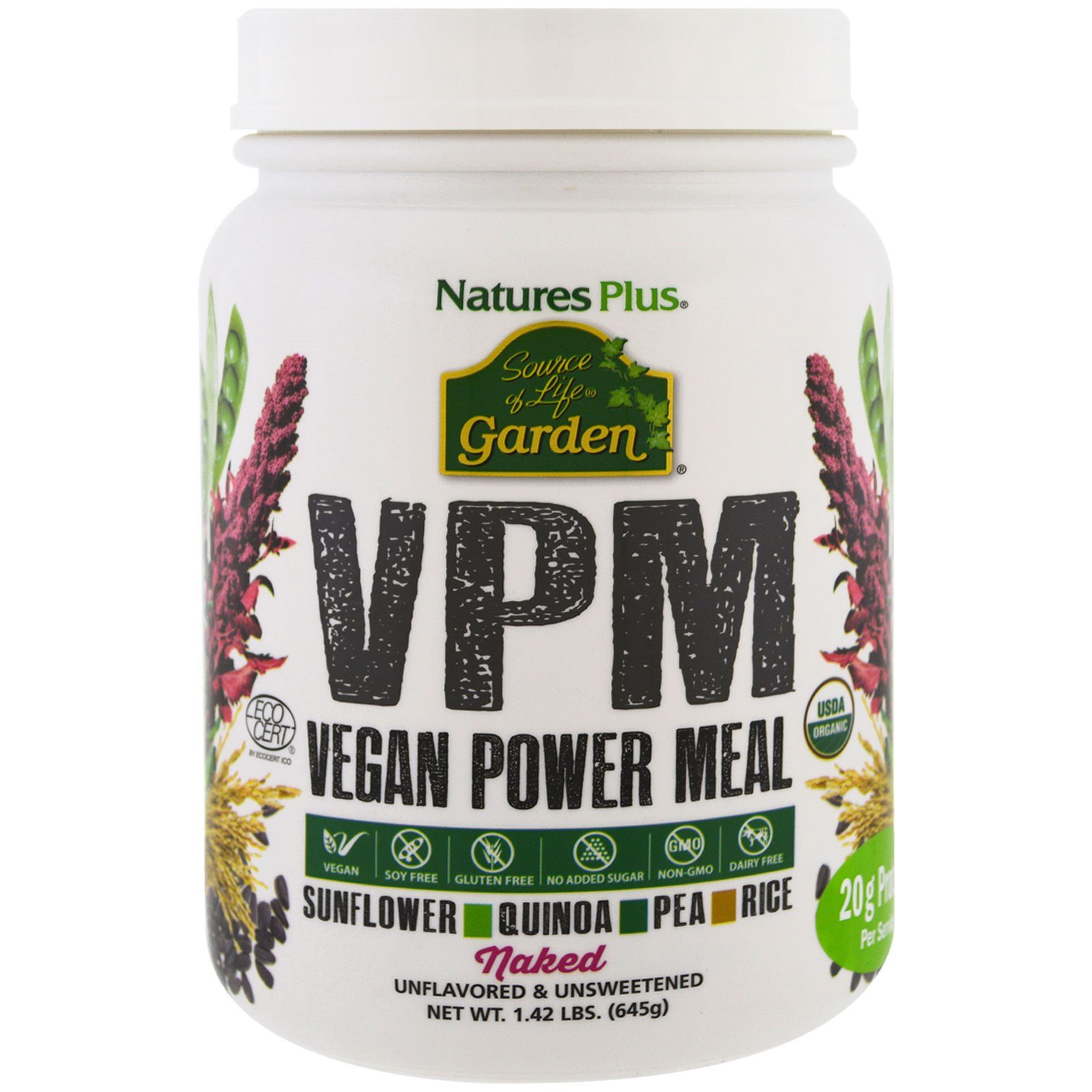 Natures Plus Source of Life VPM Vegan Power Meal Πιστοποιημένη Βιολογική Vegan Πρωτεΐνη Από Ηλίανθος, Αρακά, Κινόα & Ρύζι 645gr