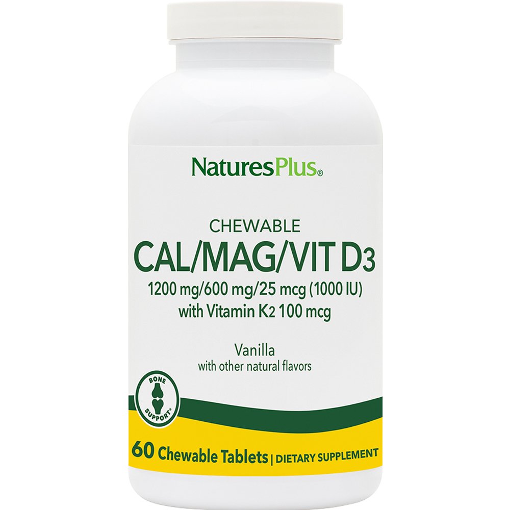 Natures Plus Natures Plus Cal 1200mg / Mag 600mg / Vit D3 25μg with Vitamin K2 100μg Συμπλήρωμα Διατροφής Ασβεστίου, Μαγνησίου, & Βιταμίνης D3 με Κ2 για την Καλή Υγεία των Οστών με Γεύση Βανίλια 60 Chew.tabs - Vanilla