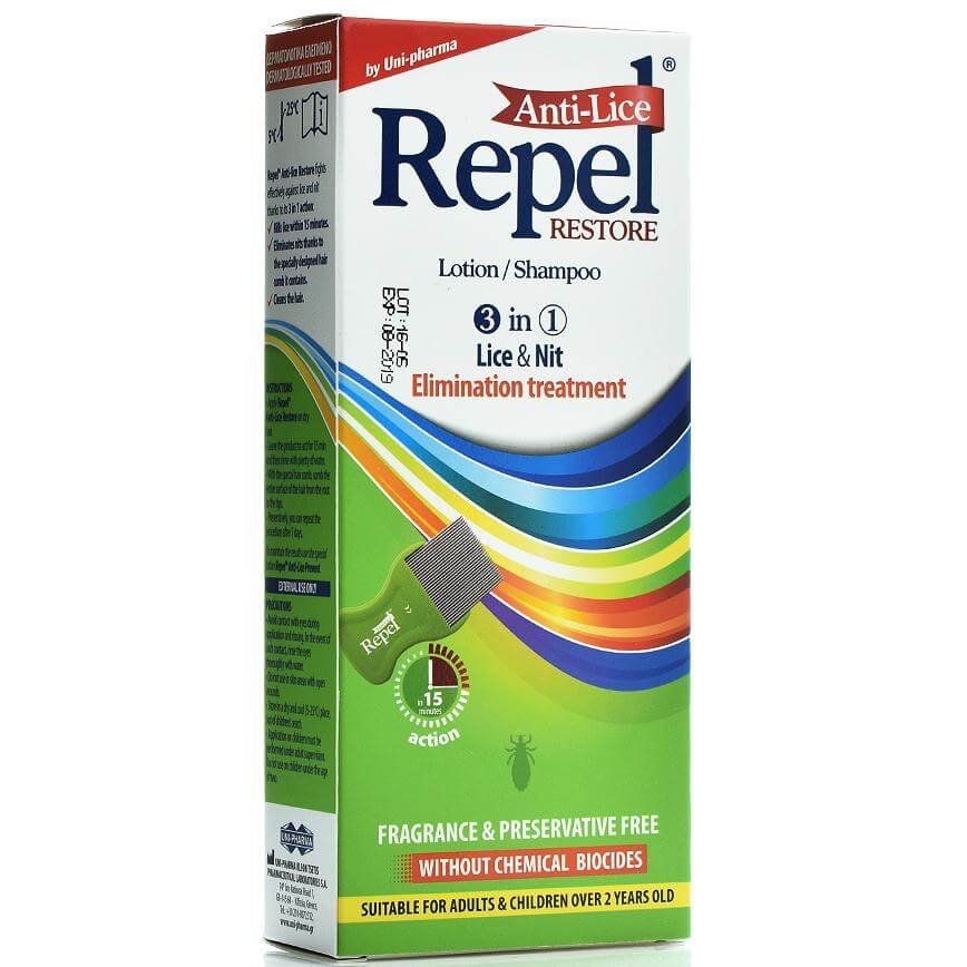 Uni-Pharma Repel Anti-Lice Restore Lotion/Shampoo, Αγωγή Εξάλειψης για Ψείρες & Κόνιδες, Περιλαμβάνεται Ειδικό Χτενάκι 200gr