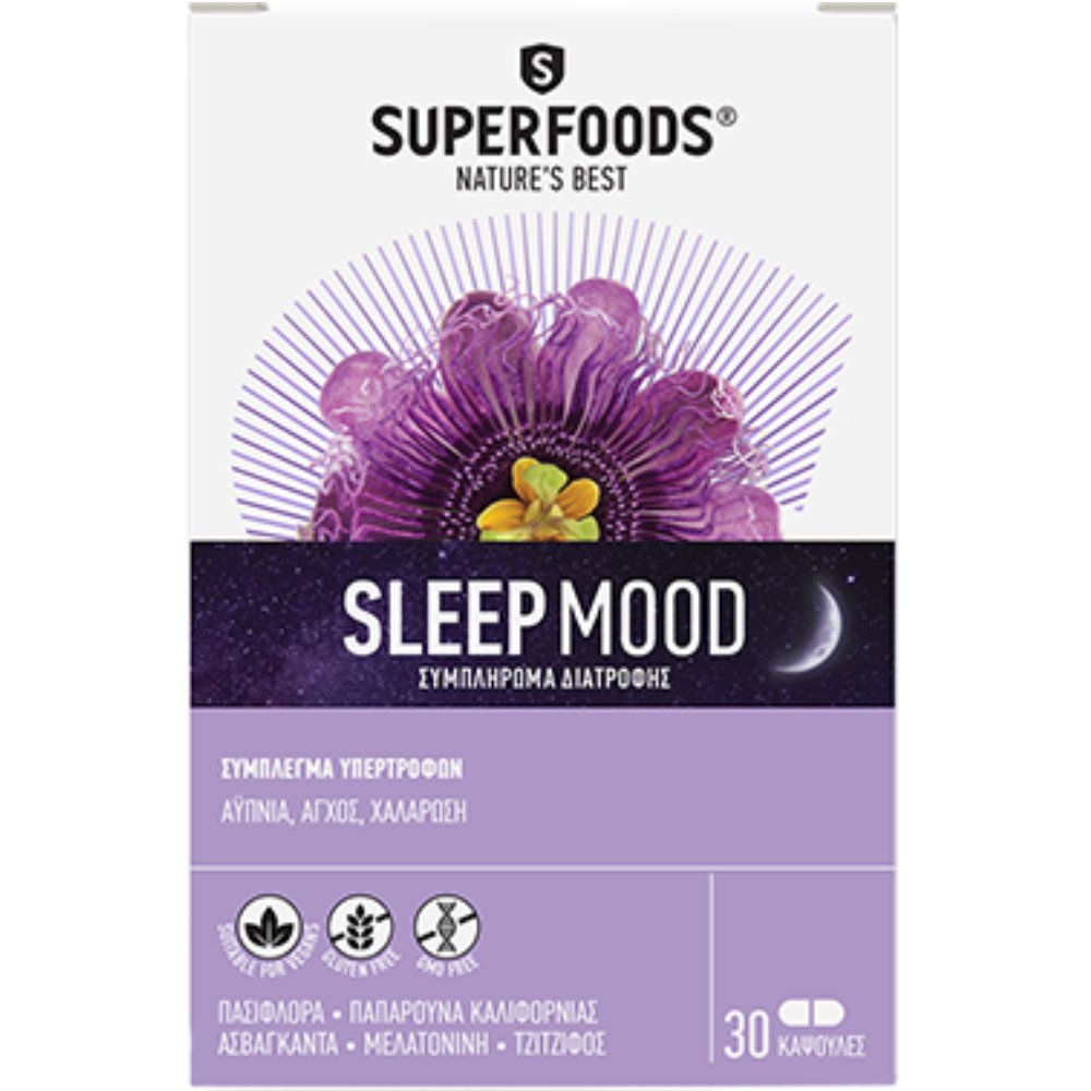 Superfoods Sleep Mood Συμπλήρωμα Διατροφής με Μελατονίνη που Συμβάλλει στη Μείωση της Αϋπνίας & του Άγχους 30caps