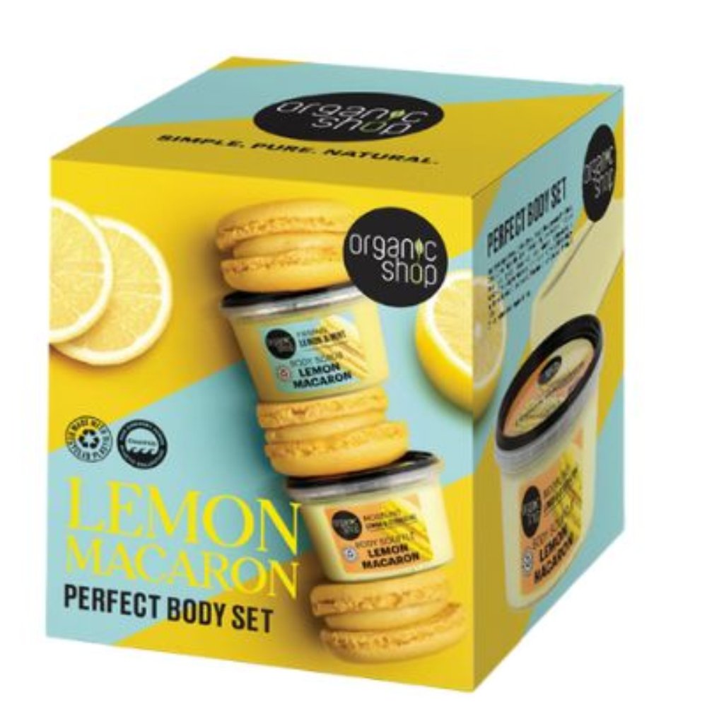 Organic Shop Promo Lemon Macaron Firming & Mint Body Scrub 250ml & Modeling Lemon & Clementine Body Souffle 250ml