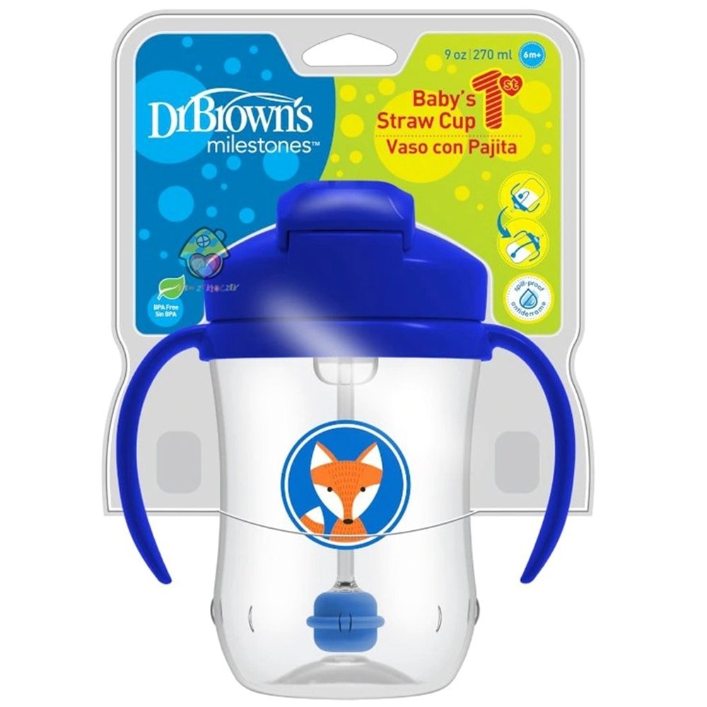 Dr Brown’s Baby’s First Straw Cup Βρεφικό Κύπελλο με Εύπλαστο Καλαμάκι & Λαβές 6m+, 270ml, Κωδ TC91012 – Μπλε