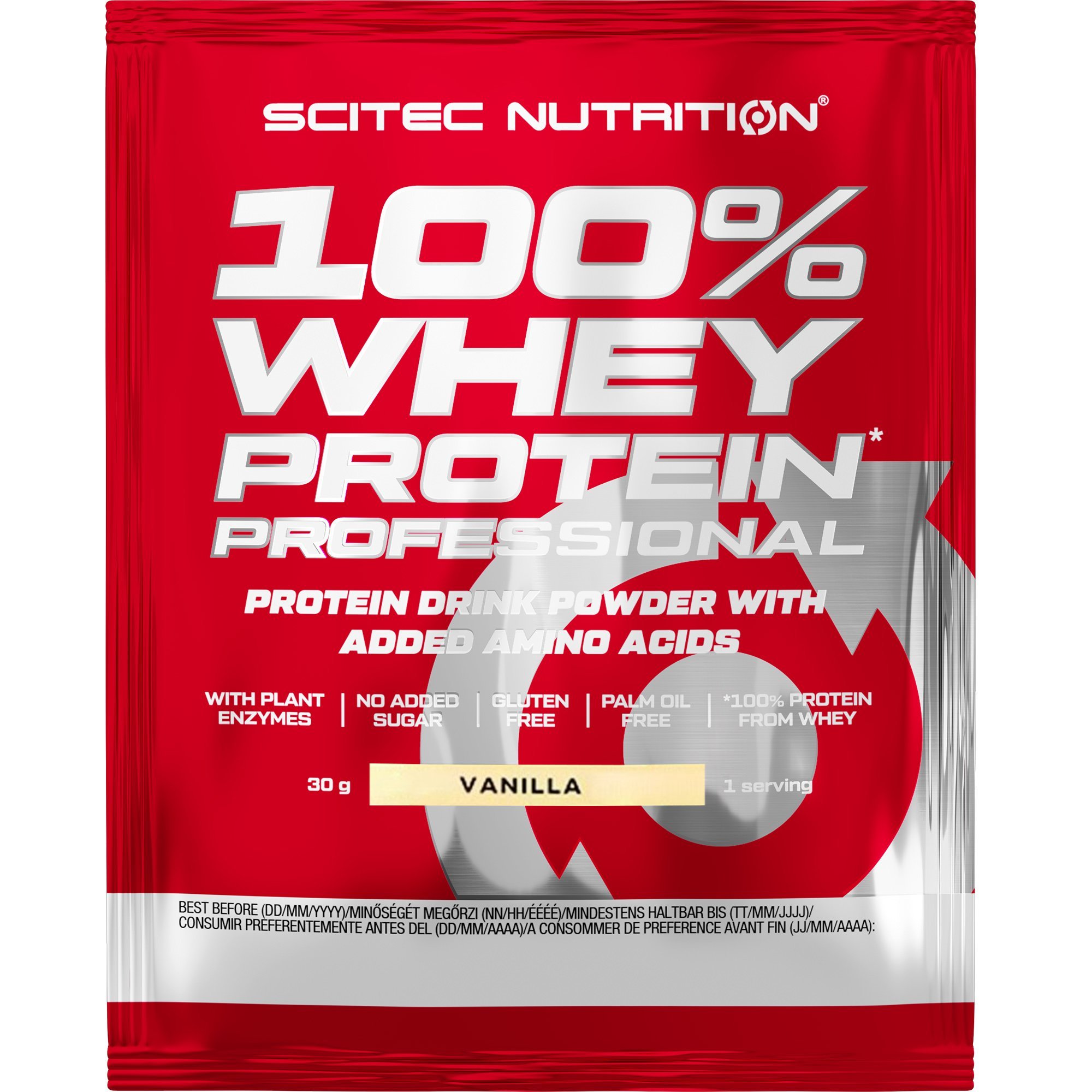Scitec Nutrition 100% Whey Protein Professional Συμπλήρωμα Διατροφής με Καθαρή Πρωτεΐνη Ορού Γάλακτος Εμπλουτισμένη με Αμινοξέα 30g - Vanilla