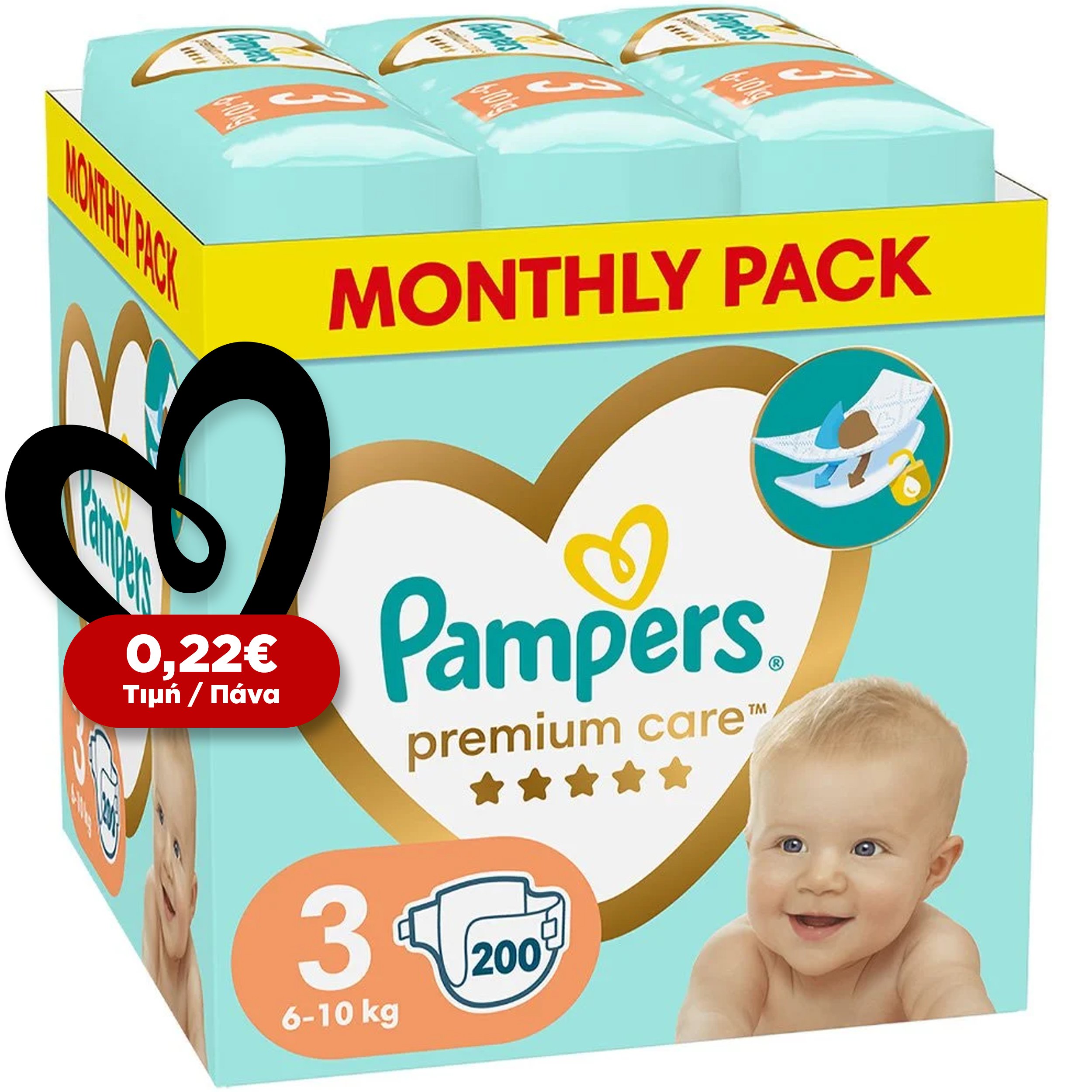 Pampers Premium Care Monthly Pack Νο3 (6-10kg) 200 πάνες