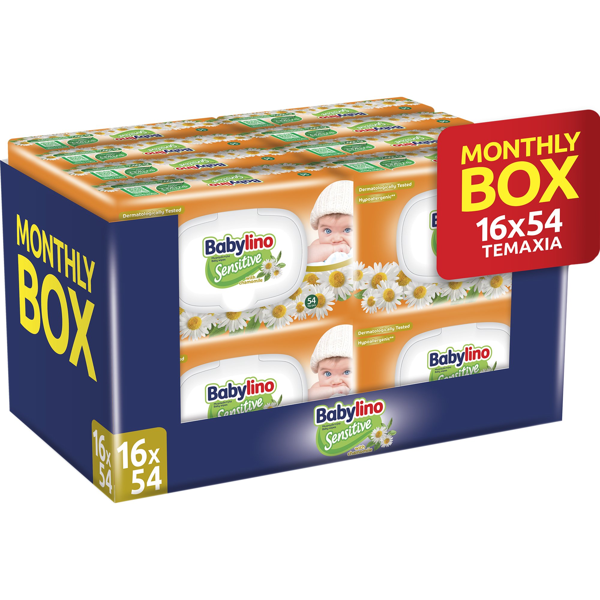Babylino Babylino Sensitive with Chamomile Wipes Monthly Box Απαλά, Υποαλλεργικά Μωρομάντηλα με Εκχύλισμα Οργανικού Χαμομηλιού Ιδανικά για Ευαίσθητο Δέρμα με Καπάκι 864 Τεμάχια (16x54 Τεμάχια)