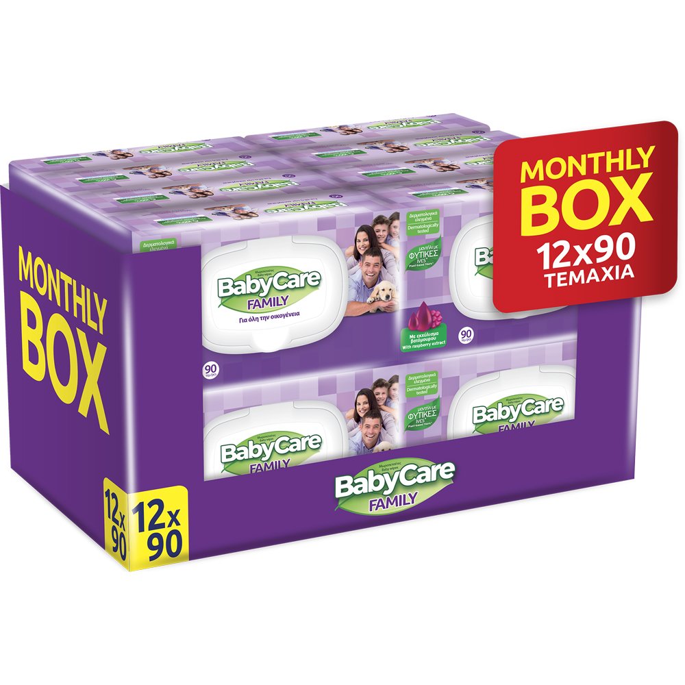BabyCare BabyCare Family Raspberry Wipes Monthly Box Υγρά Μανταλάκια για Όλη την Οικογένεια με Εκχύλισμα Raspberry & Ειδικά Μελετημένη Σύνθεση για Ευαίσθητο Δέρμα με Καπάκι 1080 Τεμάχια (12x90 Τεμάχια)