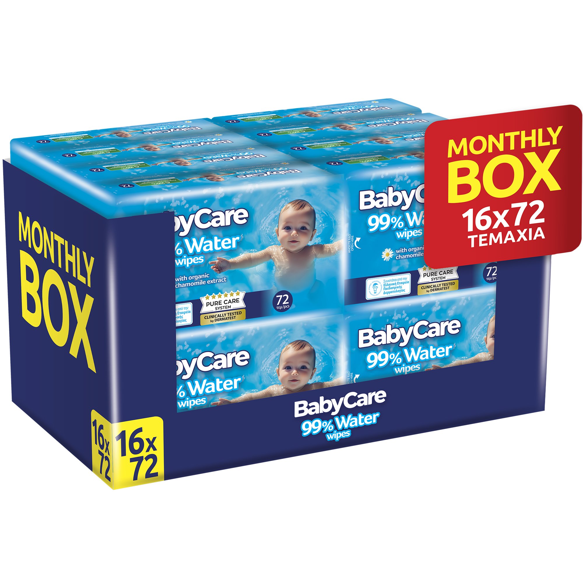 BabyCare BabyCare 99% Water Baby Wipes Monthly Box Μωρομάντηλα με 99% Νερό & Βιολογικό Εκχύλισμα Χαμομηλιού, Ιδανικά για Ευαίσθητο Δέρμα 1152 Τεμάχια (16x72 Τεμάχια)