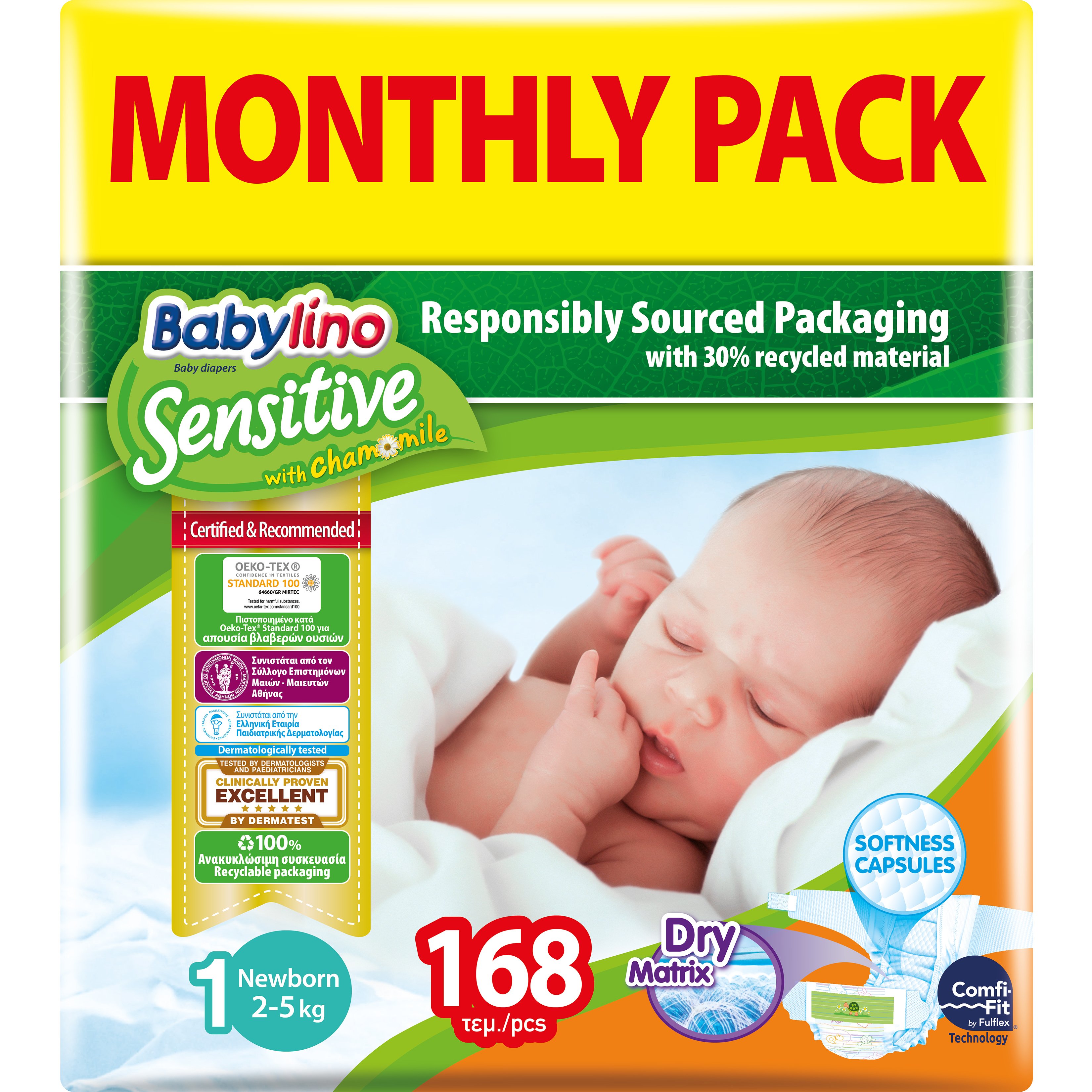 Babylino Sensitive Monthly Pack Newborn Νο1 (2-5kg) Βρεφικές Πάνες 168 τεμάχια