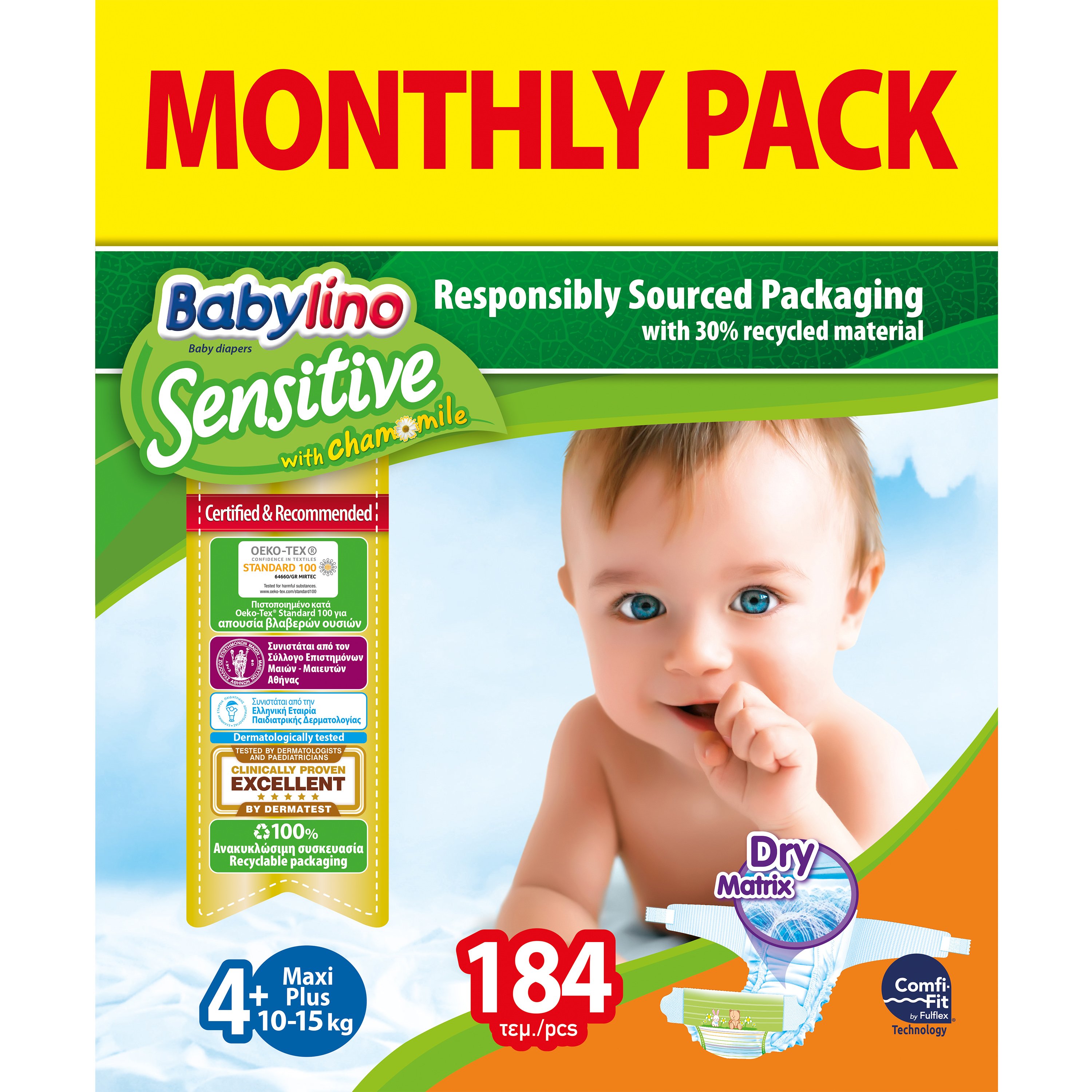Babylino Sensitive Monthly Pack Maxi Plus Νο4+ (10-15kg) Βρεφικές Πάνες 184 τεμάχια