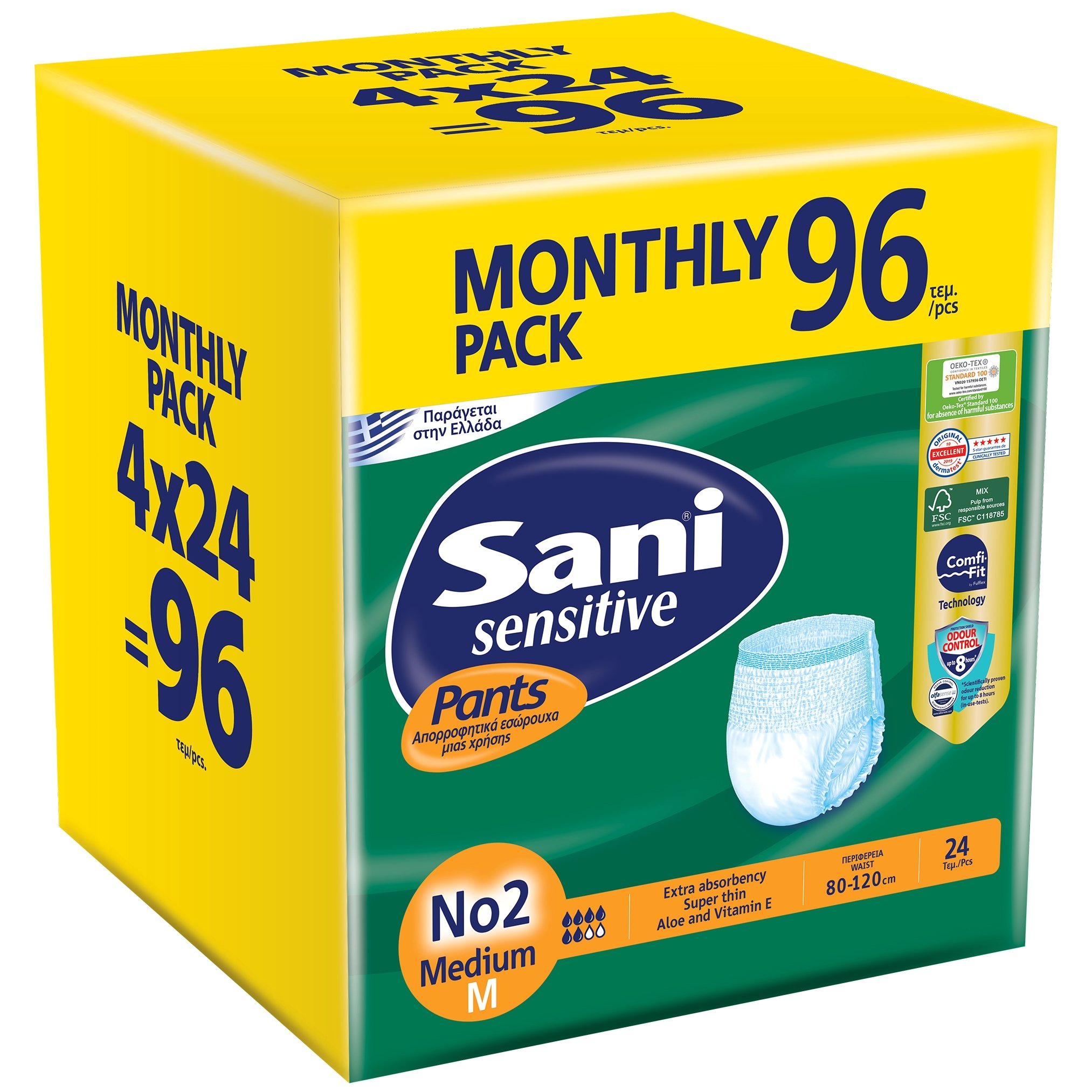 Σετ Sani Sensitive Pants Monthly Pack Ελαστικό Εσώρουχο Ακράτειας 96 Τεμάχια (4×24Τεμάχια) – No2 Medium 80-120cm
