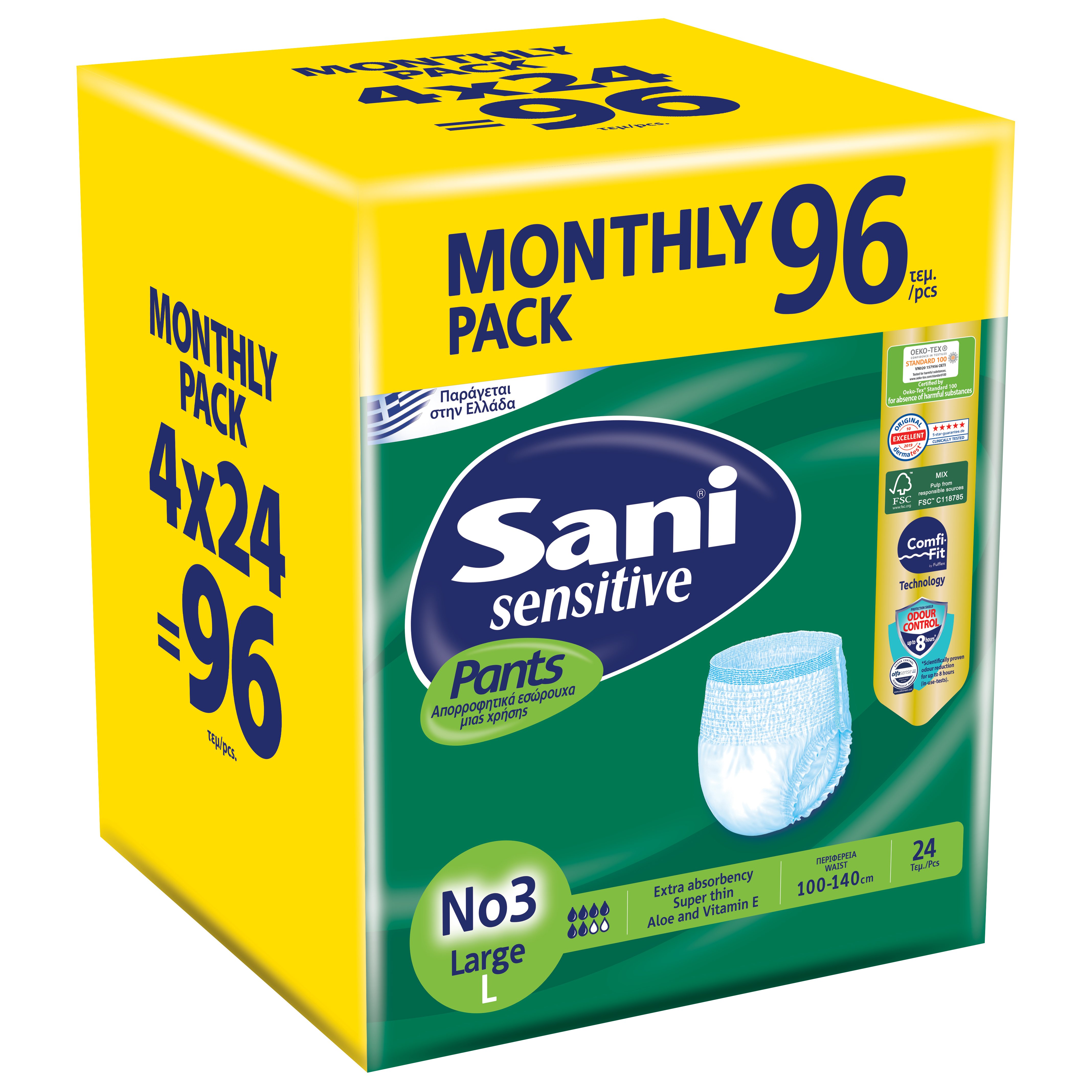 Σετ Sani Sensitive Pants Monthly Pack Ελαστικό Εσώρουχο Ακράτειας 96 Τεμάχια (4×24Τεμάχια) – No3 Large 100-140cm