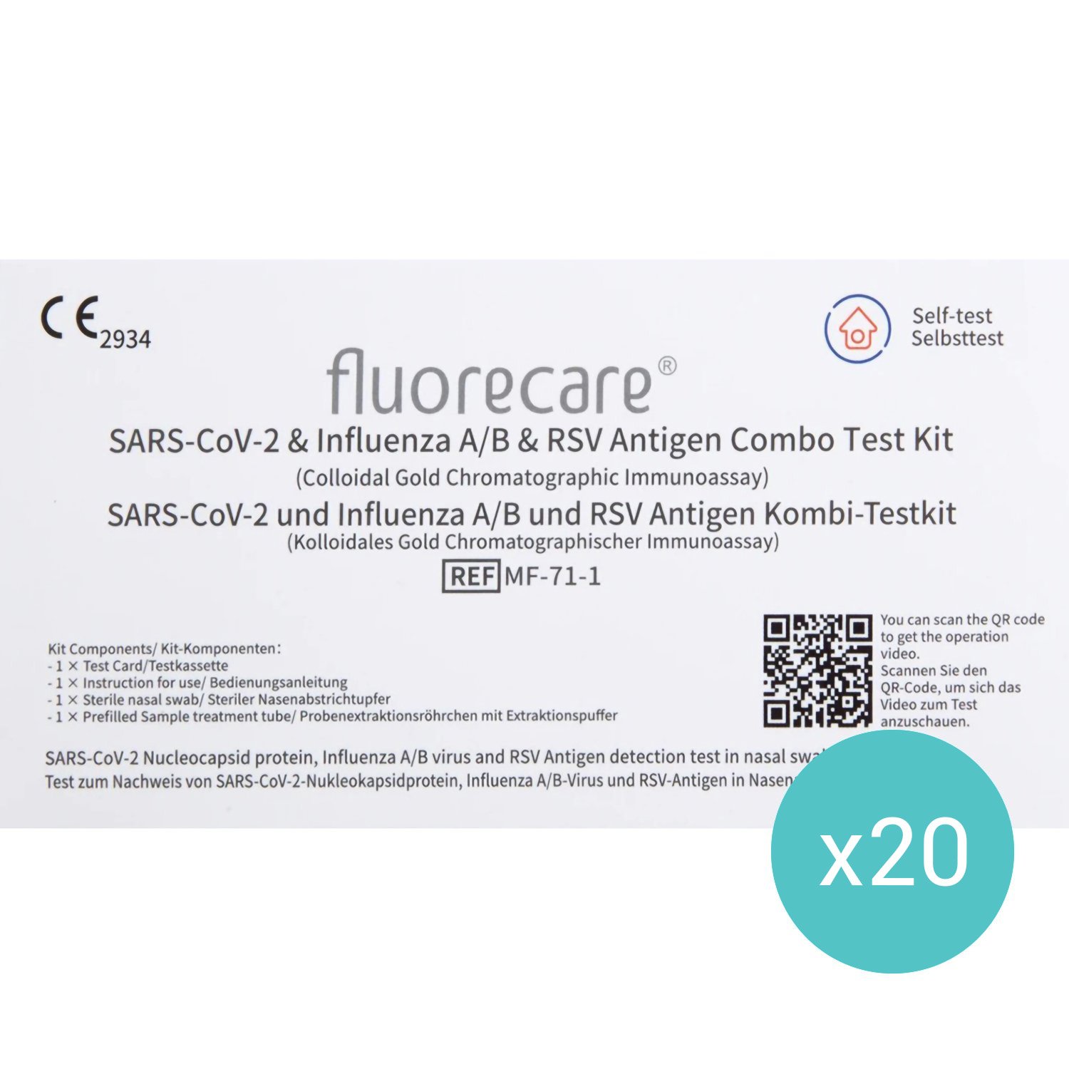 Fluorecare Σετ Fluorecare Covid-19 & Influenza A/B & RSV Antigen Combo Test Kit Αυτοδιαγνωστικό Ρινικό Τεστ Ταχείας Δοκιμής για Ποιοτική Ανίχνευση Αντιγόνων Covid-19 & Γρίπης Τύπου Α/Β & του Αναπνευστικού Συγκυτιακού Ιού RSV 20 Τεμάχια