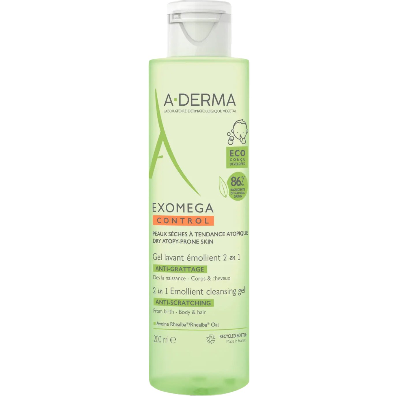 A-Derma Exomega Control 2in1 Anti-Scratching Emolient Cleansing Gel Gel Καθαρισμού για Σώμα – Μαλλιά, Κατάλληλο για Ξηρό Δέρμα με Τάση Ατοπικού Εκζέματος 200ml
