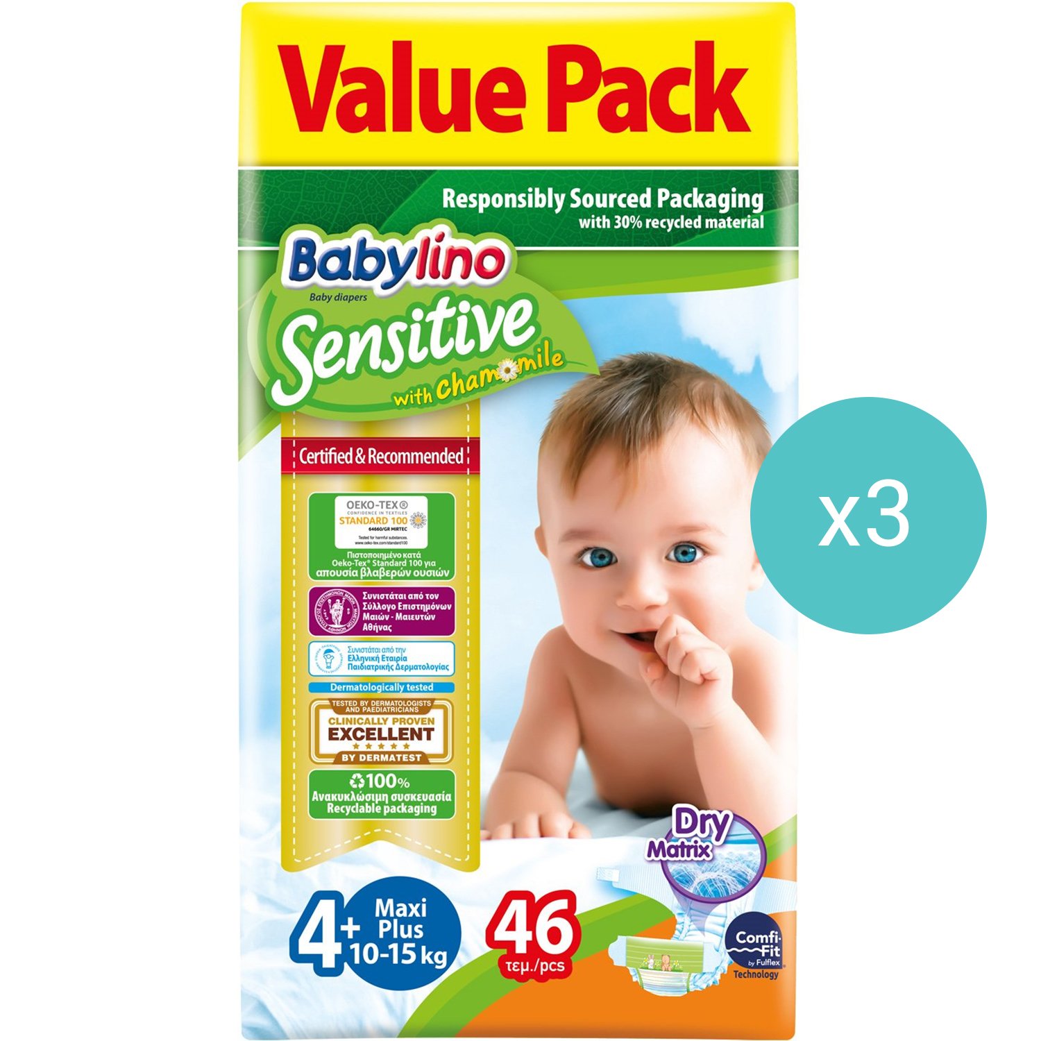 Σετ Babylino Sensitive Chamomile Maxi Plus Νο4+ (10-15kg) 138 Τεμάχια (3×46 Τεμάχια)
