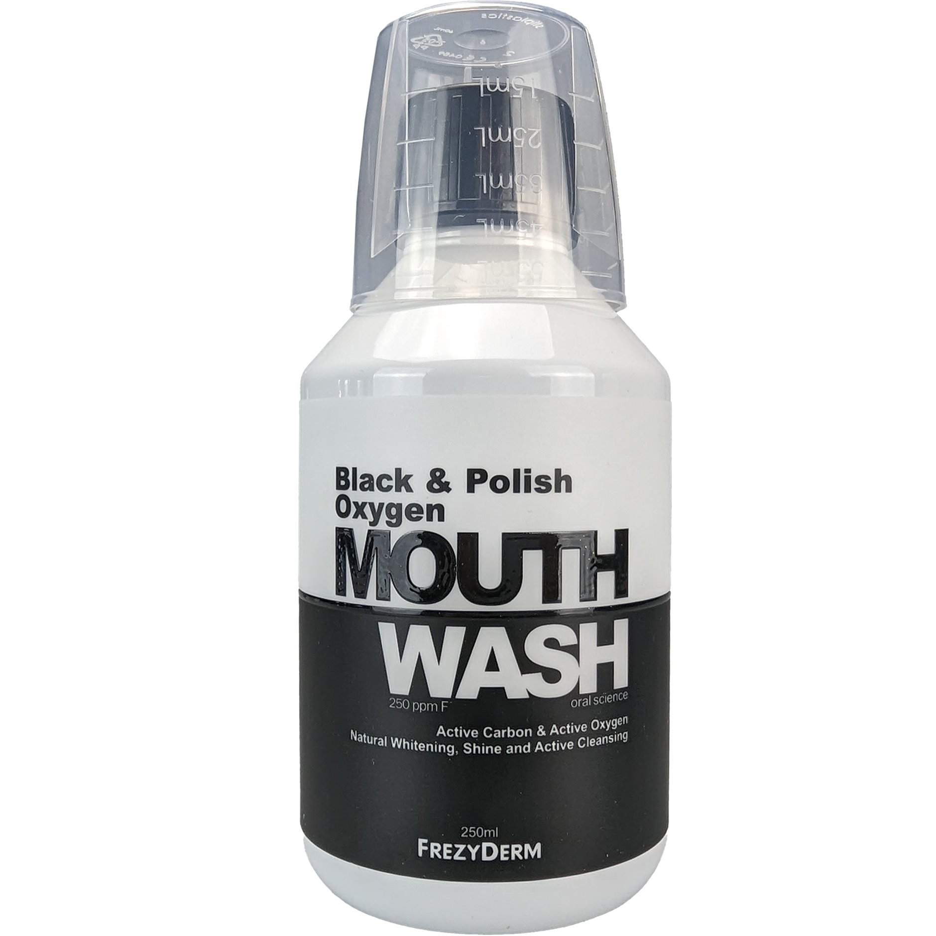 Frezyderm Black & Polish Oxygen Mouthwash 250ppm F Φθοριούχο Στοματικό Διάλυμα με Ενεργό Άνθρακα & Ενεργό Οξυγόνο για Ισχυρή Χρωματική Αντίθεση 250ml