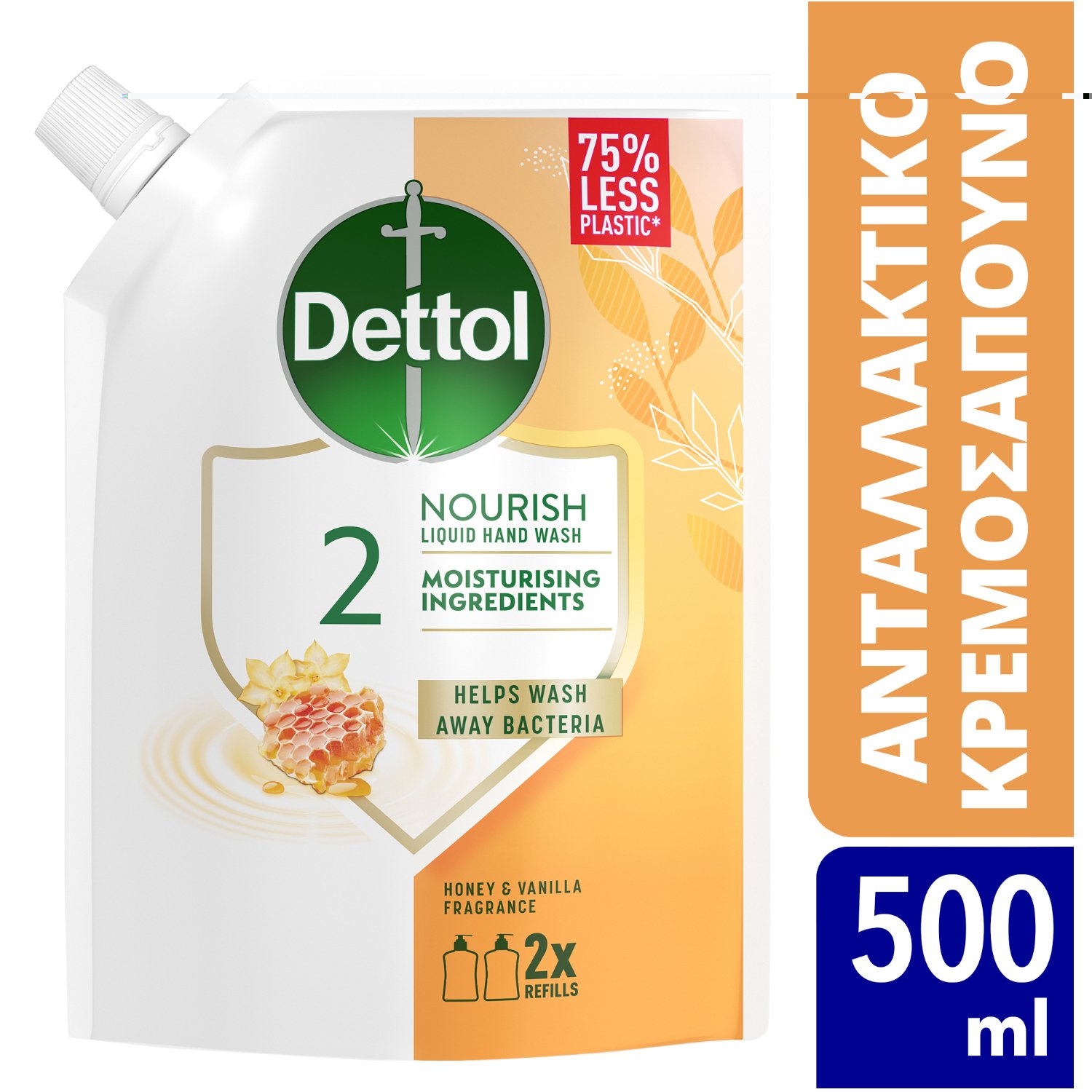 Dettol Dettol Honey & Vanilla Nourish Liquid Hand Wash Υγρό Κρεμοσάπουνο Ανταλλακτικό σε Σακουλάκι με Μέλι & Βανίλια 500ml
