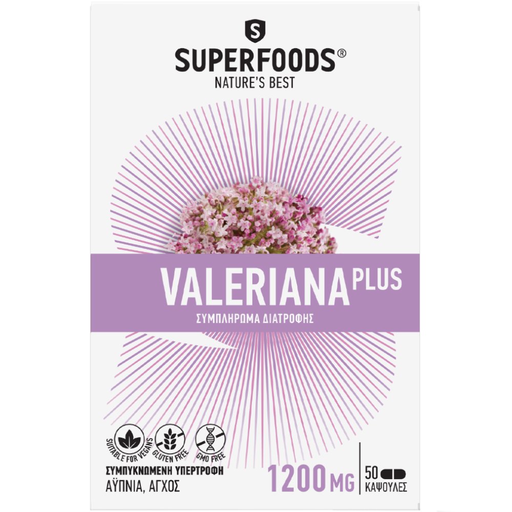 Superfoods Valeriana Plus 50caps,Συμπλήρωμα Διατροφής για την Αντιμετώπισης της Αϋπνίας, του Άγχους & της Υπερέντασης