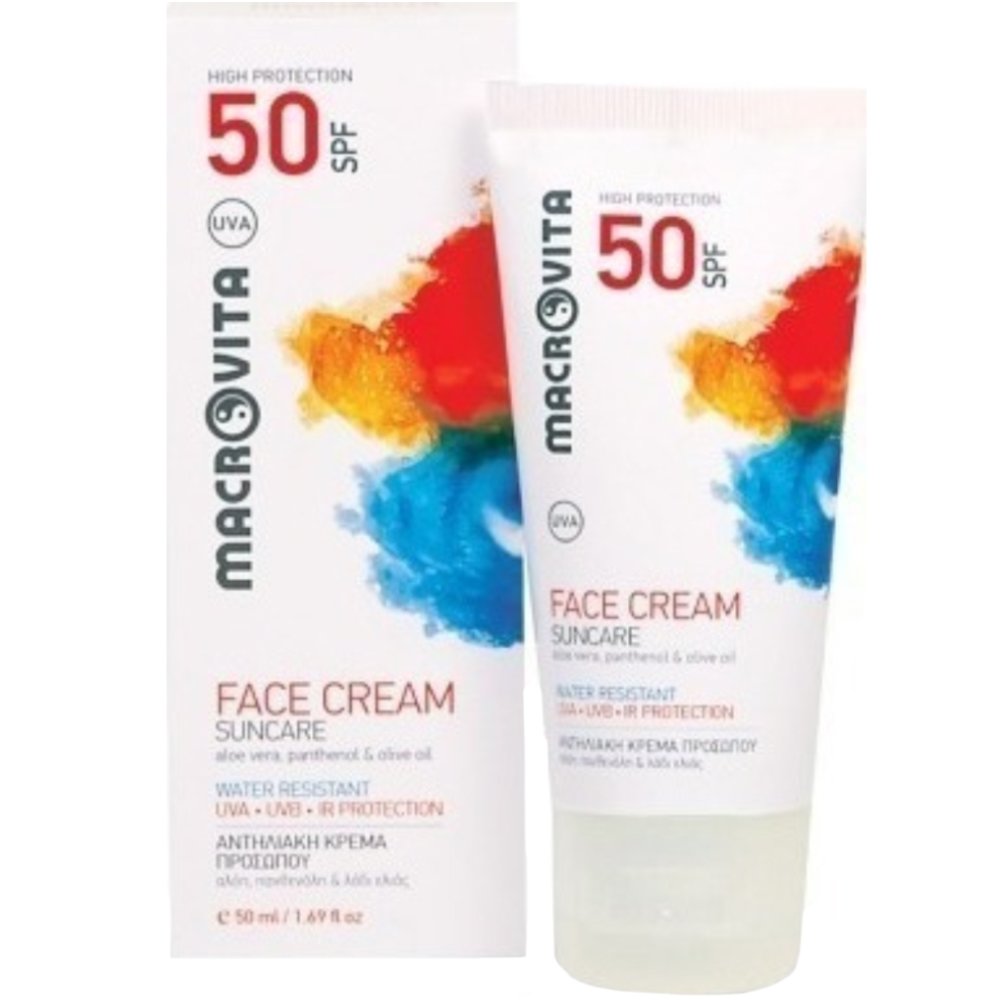 Macrovita Suncare Water Resistant Spf50 Face Cream Αντηλιακή Κρέμα Προσώπου Υψηλής Προστασίας με Ανάλαφρη & Βελούδινη Αίσθηση Χωρίς Ίχνος Λιπαρότητας 50ml