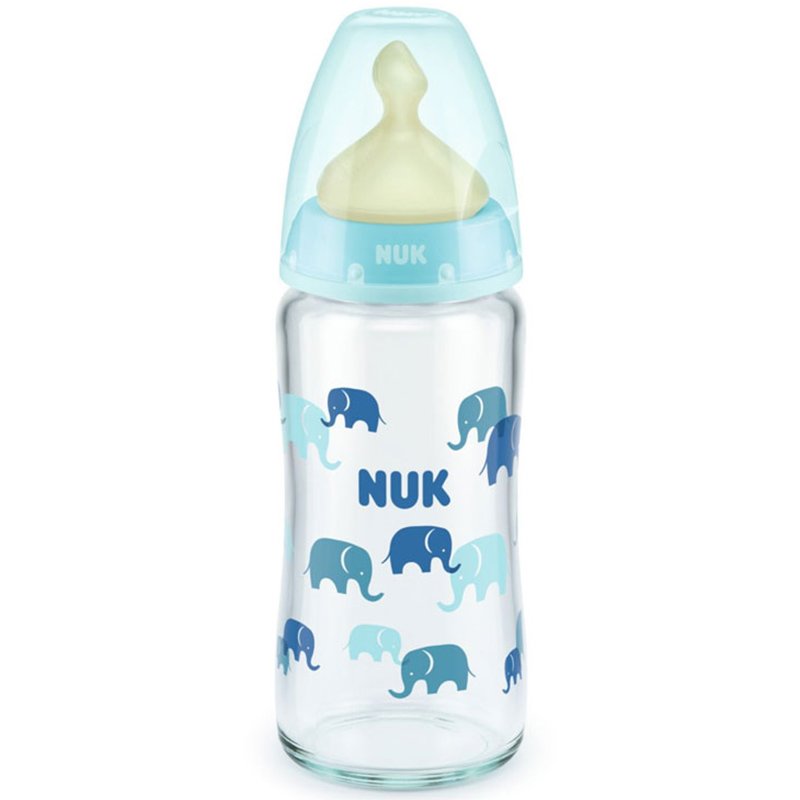 Nuk Nuk First Choice Plus Glass Temperature Control Latex Medium 0-6m Γυάλινο Μπιμπερό με Θηλή Καουτσούκ Κατά των Κολικών & Δείκτη Ελέγχου Θερμοκρασίας από 0 Έως 6 Μηνών 240ml - Μπλε