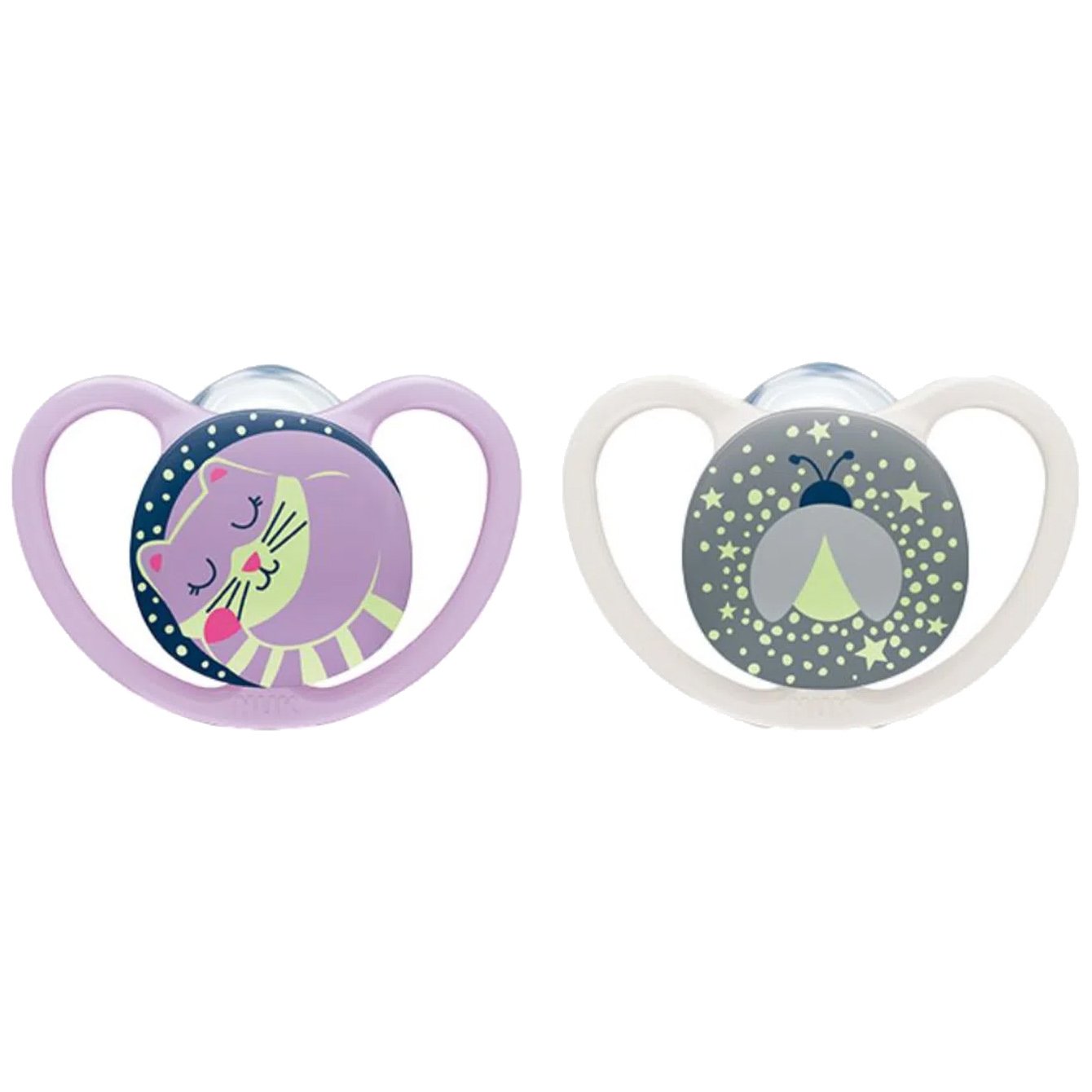Nuk Space Night Silicone 6-18m Ορθοδοντική Πιπίλα Σιλικόνης που Λάμπει στο Σκοτάδι από 6-18 Μηνών 2 Τεμάχια – Μωβ – Άσπρο